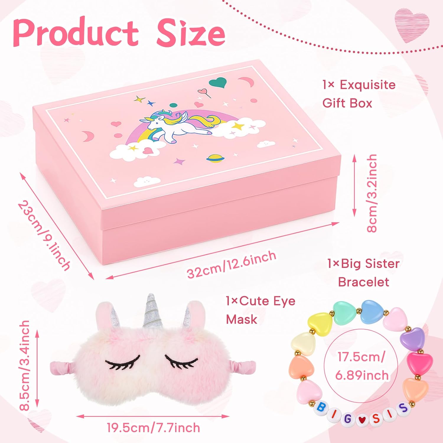 4 Pcs Big Sister Gift Set for Girls, 17 Inch Unicorn Stuffed Doll with Outfit, Pink Unicorn Gift Box Shimmering Eye Mask Big Sis Bracelet from New Baby for Girls Age 3-8 Promoted to Bigsis