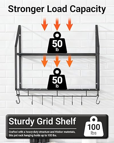 Miniatura 4 de Hoooh Estantes para ollas de montaje en pared de 30 pulgadas, colgador de sartén de 2 niveles para almacenamiento y organización de cocina, estantes