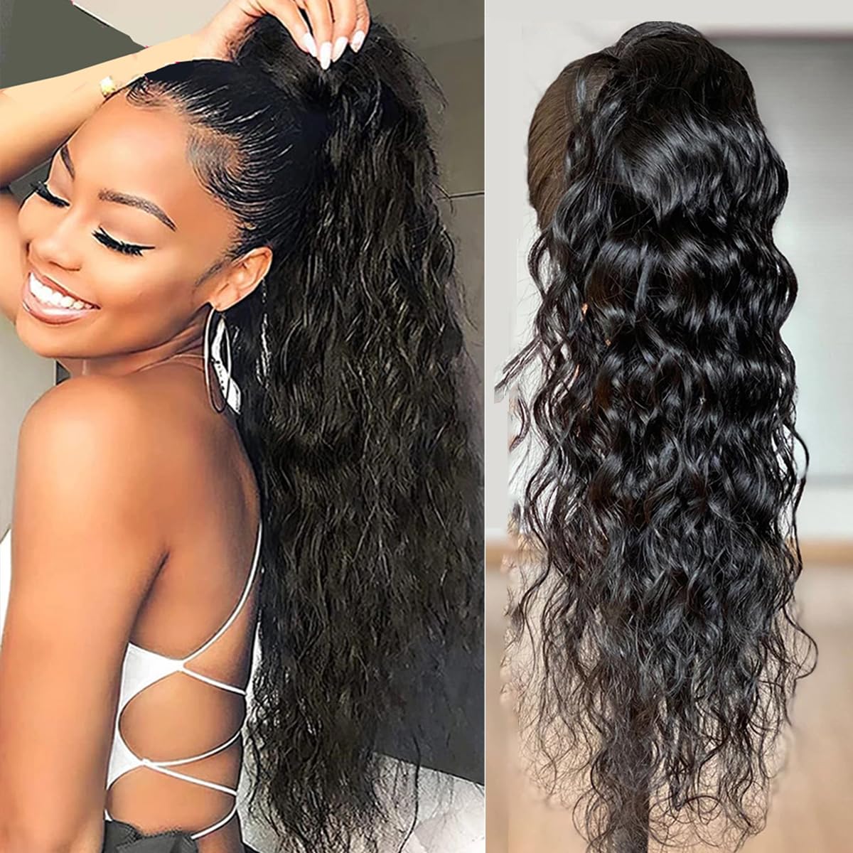 Amazon.com : Water Wave Ponytail Human Hair Extension, 100  display picture 2