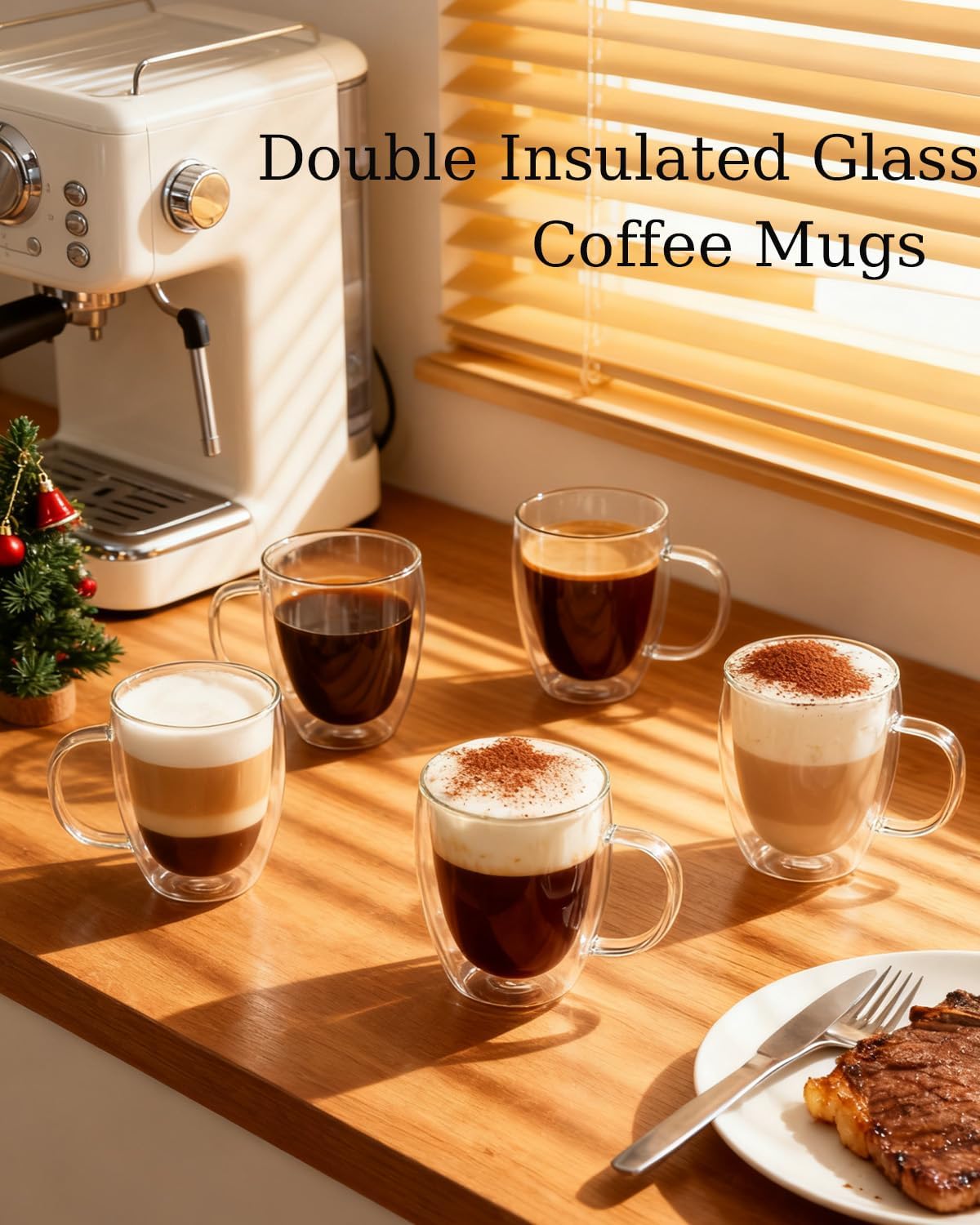 Glass Coffee Cups Set Of 6 - 12oz Double Walled Glass Coffee Mugs with Handle,Clear Insulated Borosilicate Glass Mug,Suitable for Cappuccino,Tea,Latte,Hot Beverage and Wine (6 Pack 12oz +6 Spoons)