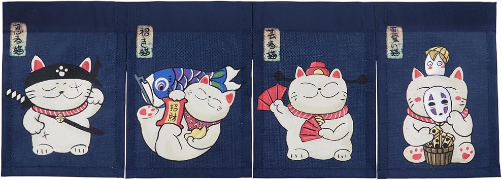 Japanese Noren Maneki Neko Curtain Short Entrance Hallway Hanging Flag 4 Pannel Lucky Cats Printed Doorway Curtain Tapestry for Restaurant Sushi Home Decor 33.5"X11.8" With Velcro double-sided tape