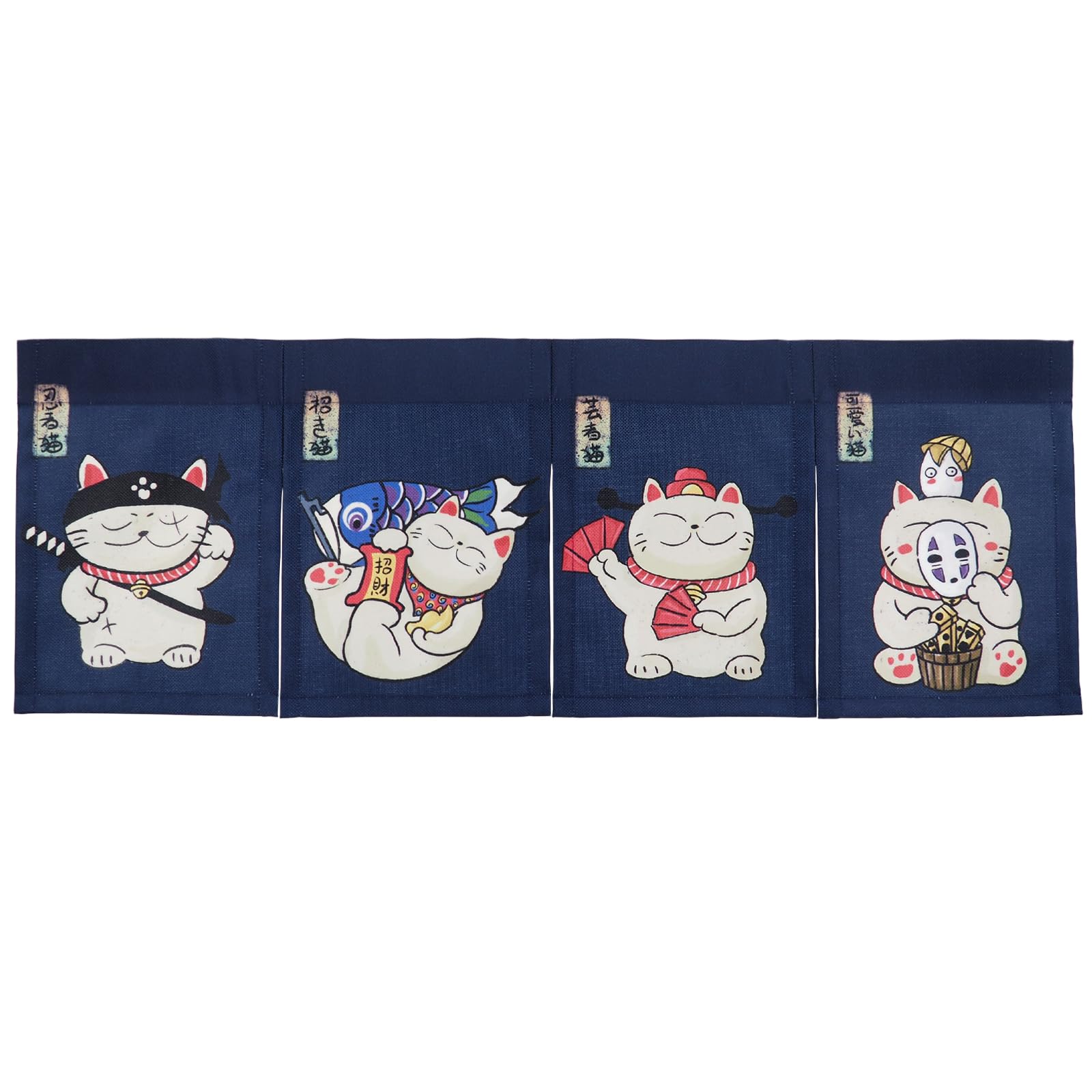 Rideau japonais Noren Maneki Neko 4 panneaux pour l'entrée et la décoration d'intérieur 85x29cm
