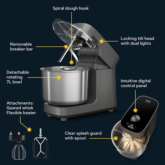Ooni Halo Pro Spiral Dough Mixer - Stand Mixer with Attachments, 7.3 Quart Capacity and 58 Speed Settings - Charcoal Grey