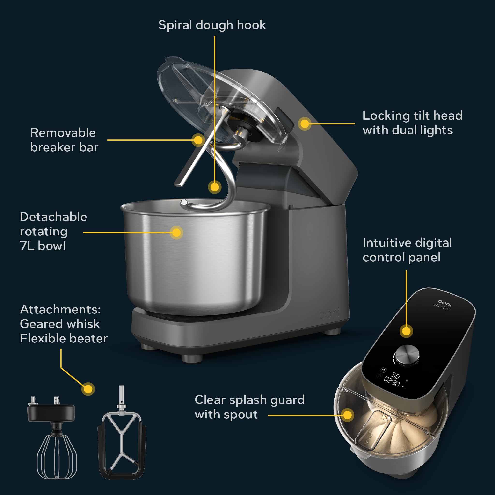 Ooni Halo Pro – Macchina Professionale a Spirale da 7,3 L con Accessori, 58 Velocità – Ideale per Impasti di Pane e Pizza – Colore Grigio Antracite