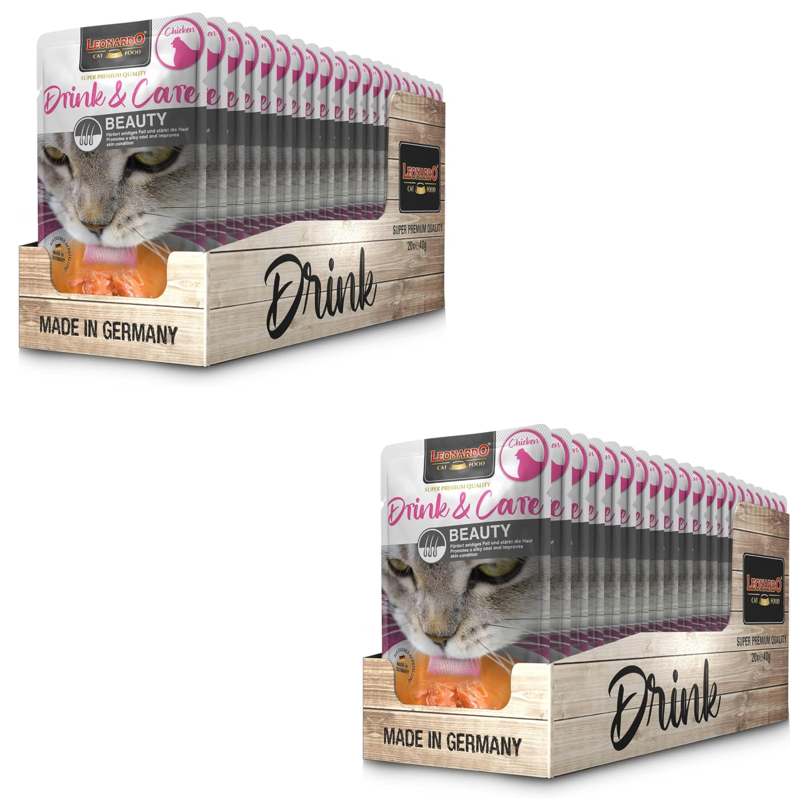Leonardo Drink & Care Beauty Chicken | Doppelpack | 2 x 20 x 40 g | Ergänzungsfuttermittel für ausgewachsene Katzen | Zur Unterstützung der Flüssigkeitsaufnahme | Ideal als Futtertopping
