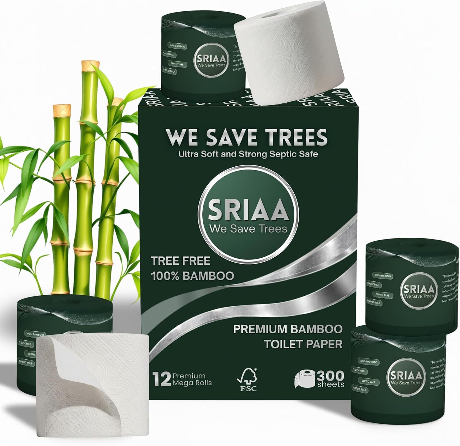 Premium Organic 100% Bamboo Tree-Free Toilet Paper, 12 Mega Rolls, 3-Ply, 300 Sheets per Roll,Septic Safe, Plastic & PFAS Free, FSC Certified