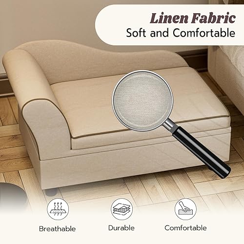 Miniatura 4 de Sofá para mascotas, cómodo sofá de tela de lino para perros con caja de almacenamiento extraíble y lavable, sofá cama para perros pequeños y