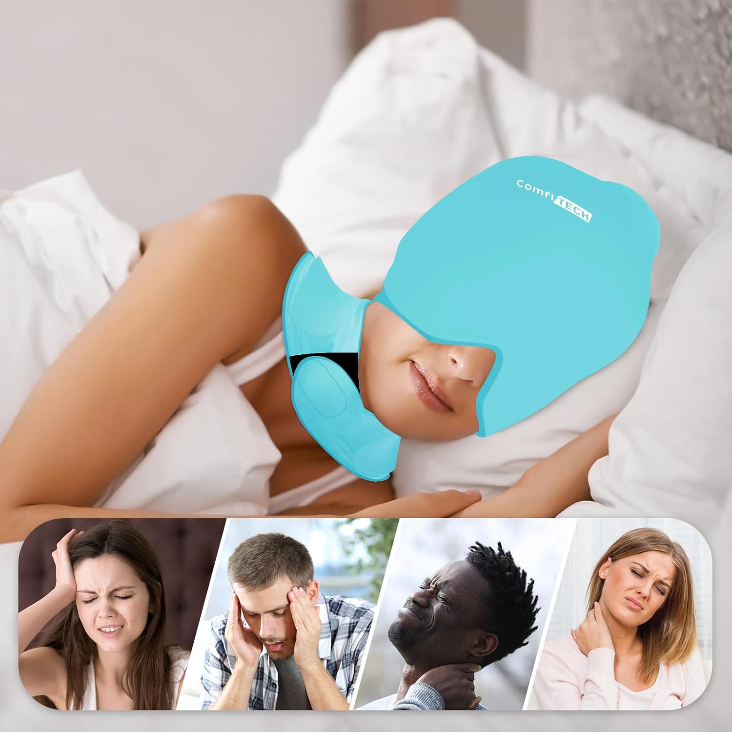 ComfiTECH Cold Cap and Neck Ice Pack Wrap Gel Combo, Care Package for Head and Cervical, Mint Green