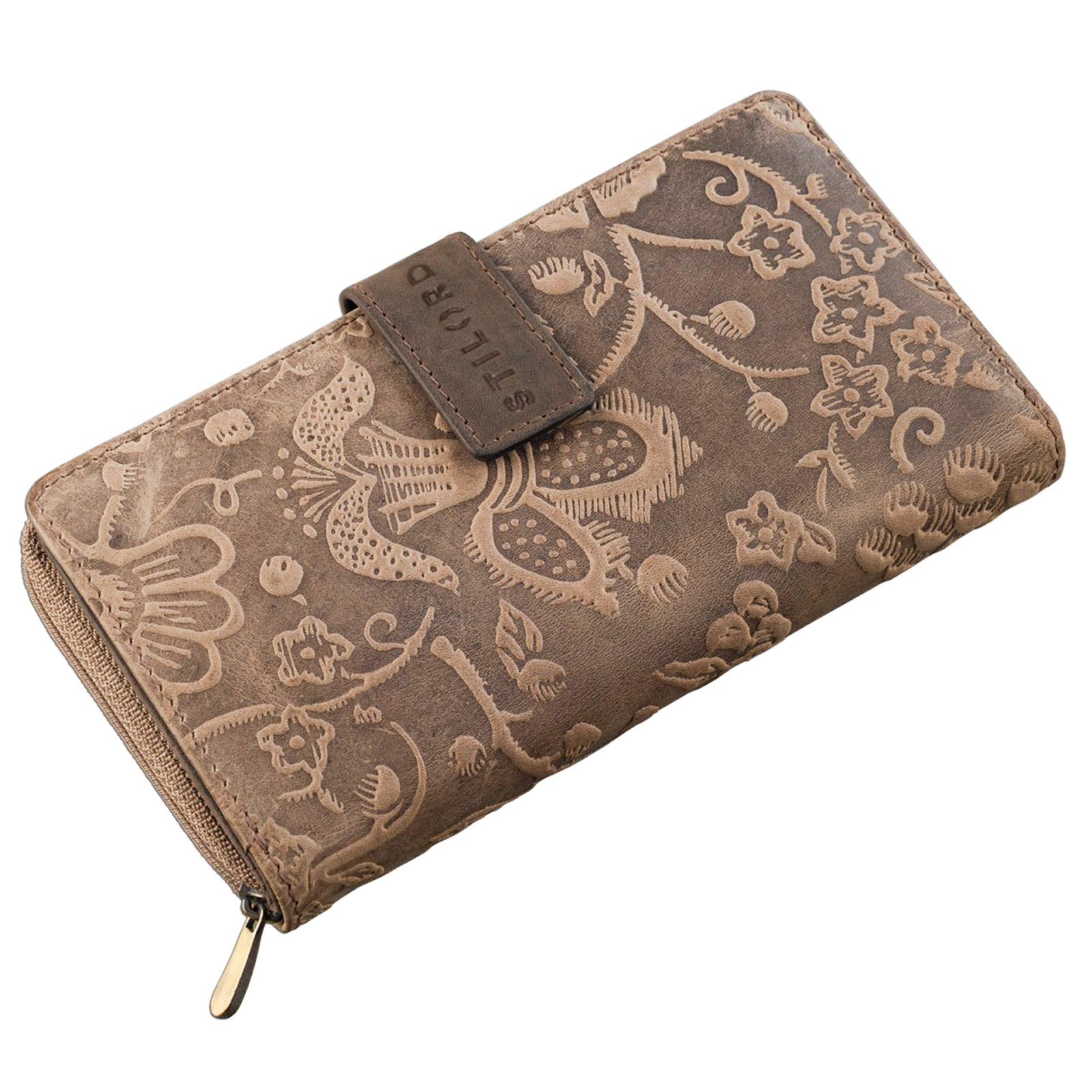 STILORD 'Greta' Monedero o Cartera de Piel para Mujer para Tarjetas Pasaporte Billetes Billetero y Portamonedas Retro o Vintage de Flores y auténtico Cuero Color:Sepia - marrón