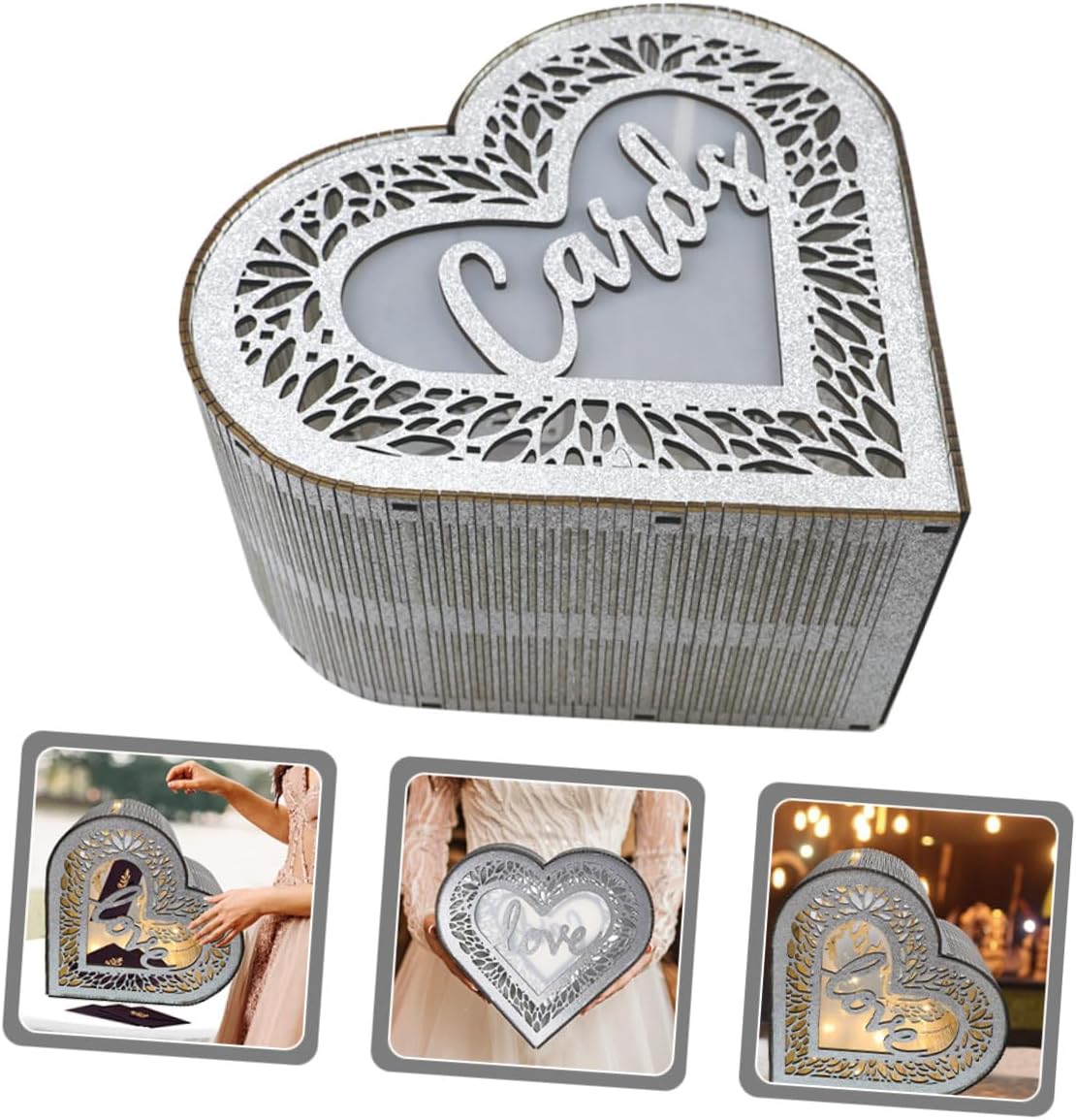 Wooden Heart Shaped Wedding Reception Card Box with Glitter Hollow Design Portable Greeting Cards Storage for Birthday and Valentine’s Day Events
