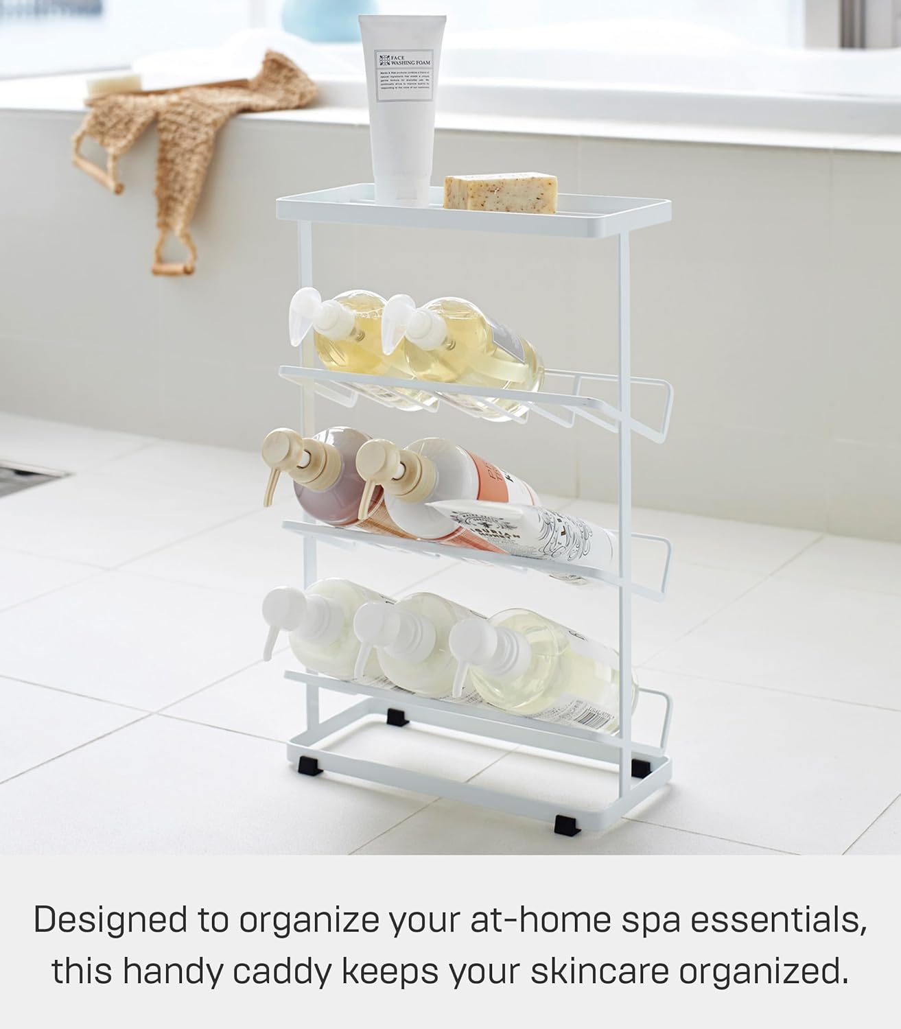 YAMAZAKI Home Tower Bath Rack - Bathroom Shower Storage Holder, Caddy Shelf Organizer - Medium, 17" - Steel - Holds Up To 9 Dispensers