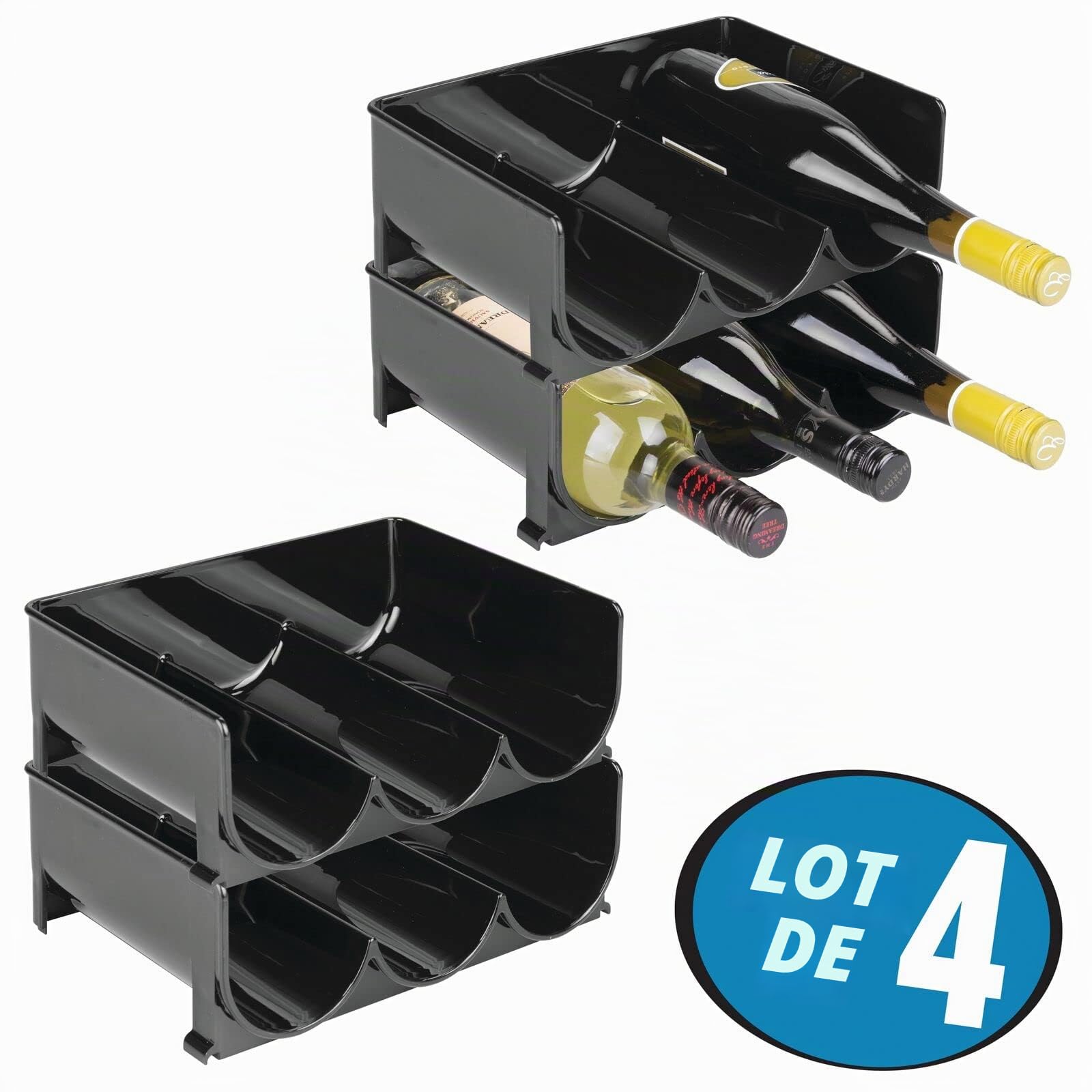 mDesign Range-Bouteilles (Lot de 4) – casier à Bouteilles empilable en Plastique sans BPA pour 3 Bouteilles de vin ou Autres Boissons – étagère à vin Moderne pour jusqu'à 12 Bouteilles – Noir