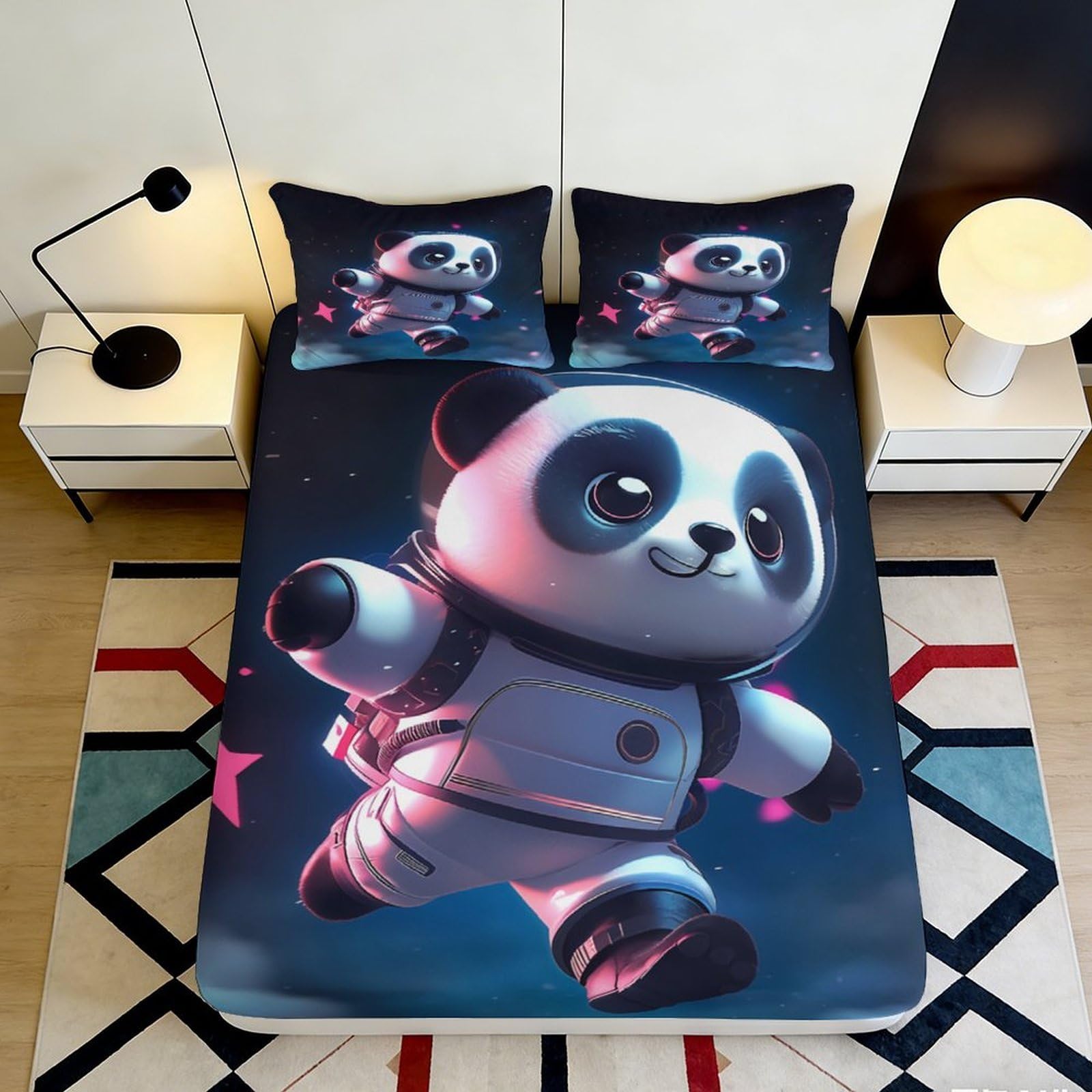 3D Printed Space Panda Fitted Sheet Microfiber Soft Breathable Astronaut Bed Cover for Bedroom Dormitory Guest Room Mattress Protection Decor 140x200x25cm