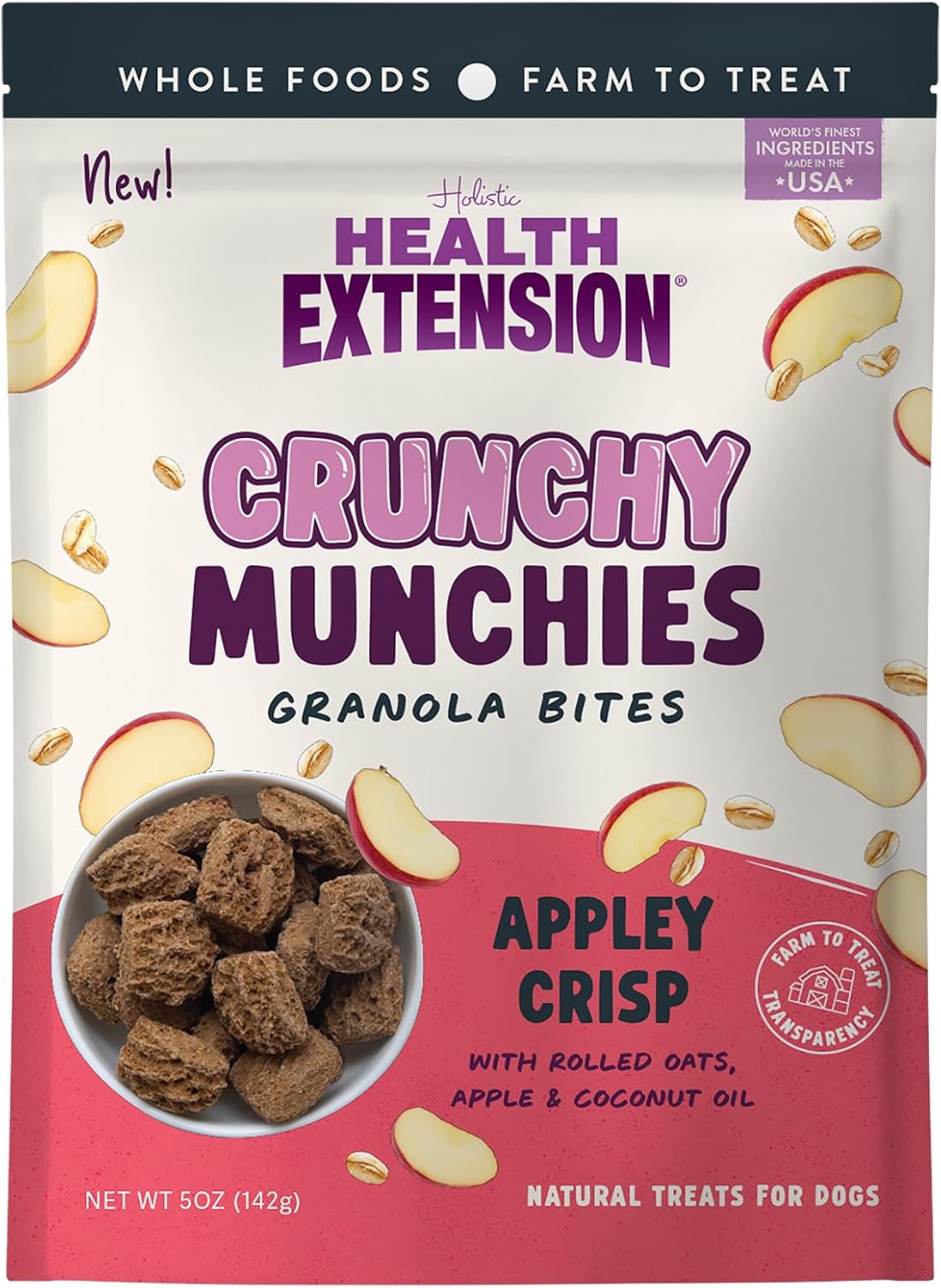 Health Extension Crunchy Munchies Granola Bites Variety Pack – 5oz (142g) Each – Blueberry Ruffin, Appley Crisp & Peanutty Squares Flavors – Natural Dog Treats with Rolled Oats & Coconut Oil