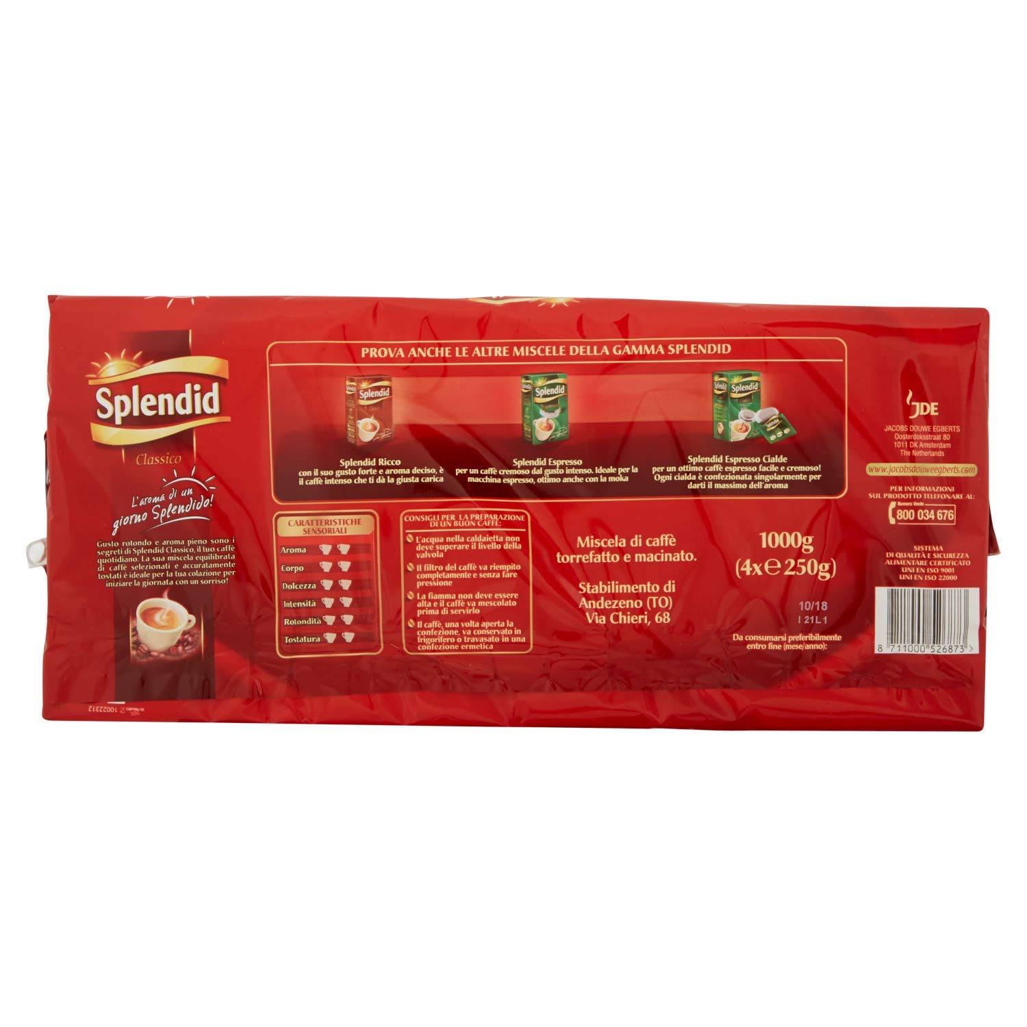 Splendid:"Classico" Ground Coffee 4 x 225 Bricks Grams, Total 900 Grams