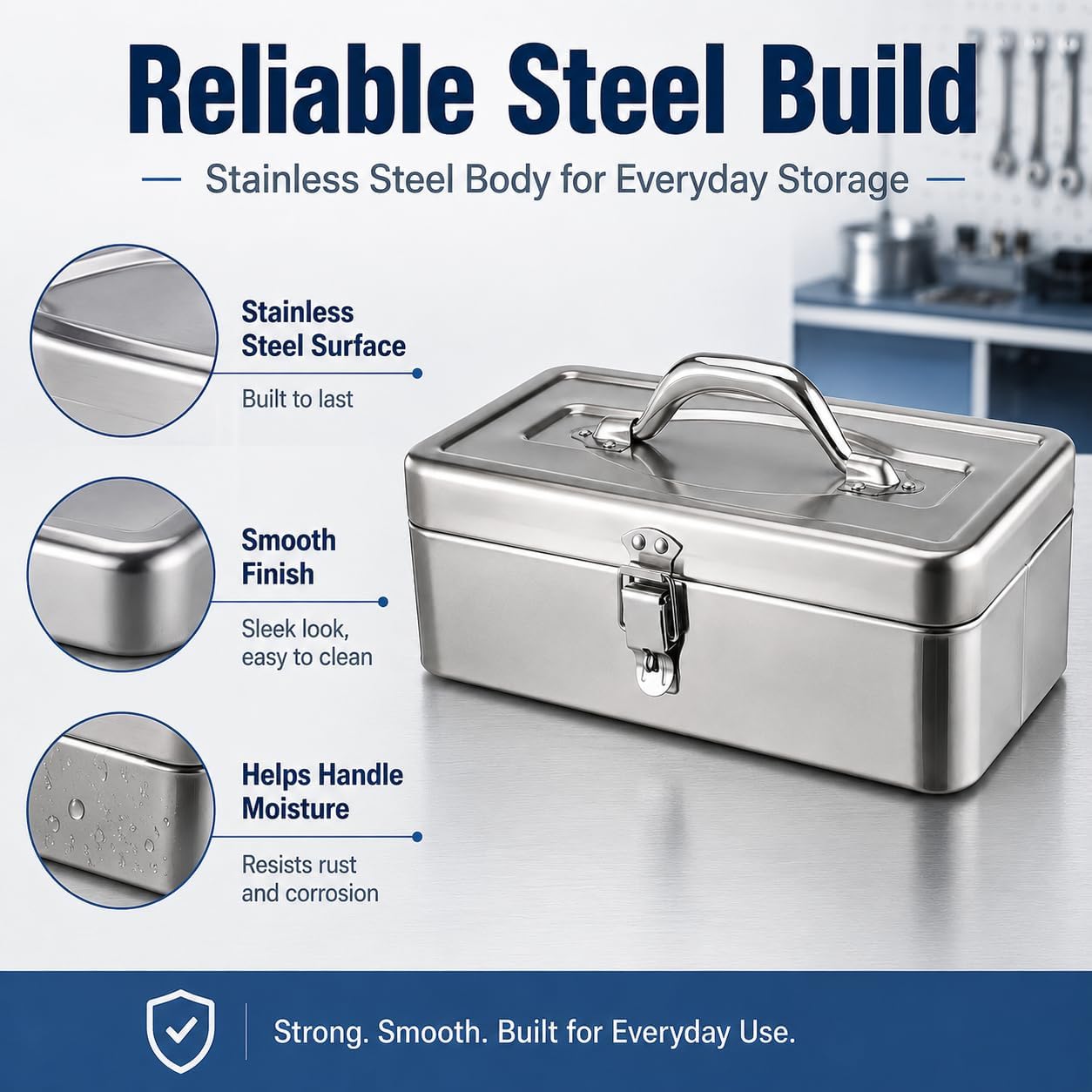 Stainless Steel Toolbox with Handle, Empty Metal Tool Box with Hinged Lid and Secure Latches, 13.7 x 6.7 x 4.3 in Portable Storage Case for Hand Tools, Screws, Parts, Craft Supplies
