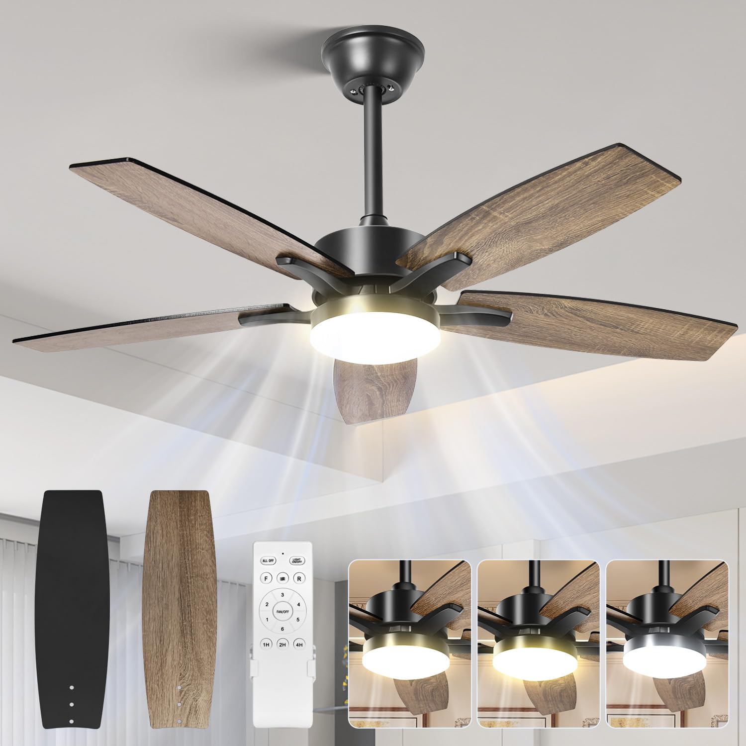 YYUgolo Ventilador de Techo con Luz de 42 Pulgadas, 107 cm Abanico De Techo, Abanicos de Techo Montaje Empotrado Luz Y Control Remoto, 6 Velocidades Y LED 3cct, 5 Cuchillas, Motor CC Reversible