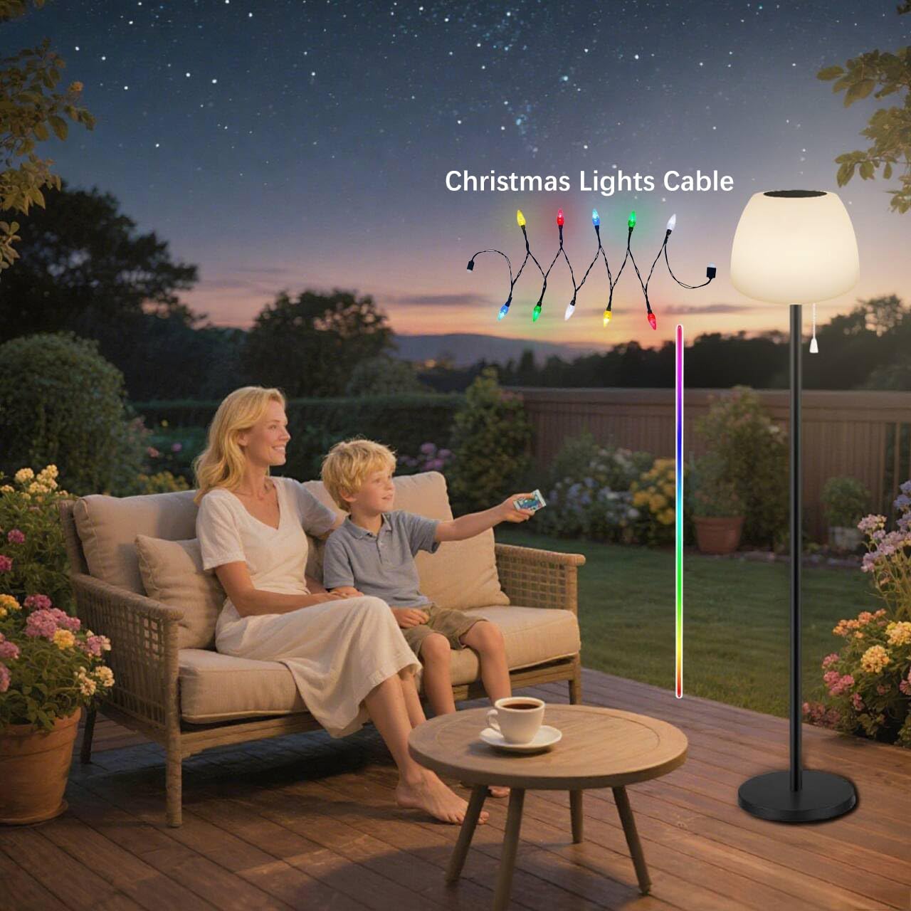 Solar Floor Lamp Outdoor Waterproof, Christmas Lights Charging Cable for Rechargeable Floor Lamp, Cordless Dimmable Warm White+RGB+16 Colors LED Floor Lamps for Lawn, Pool, Garden 59 inch