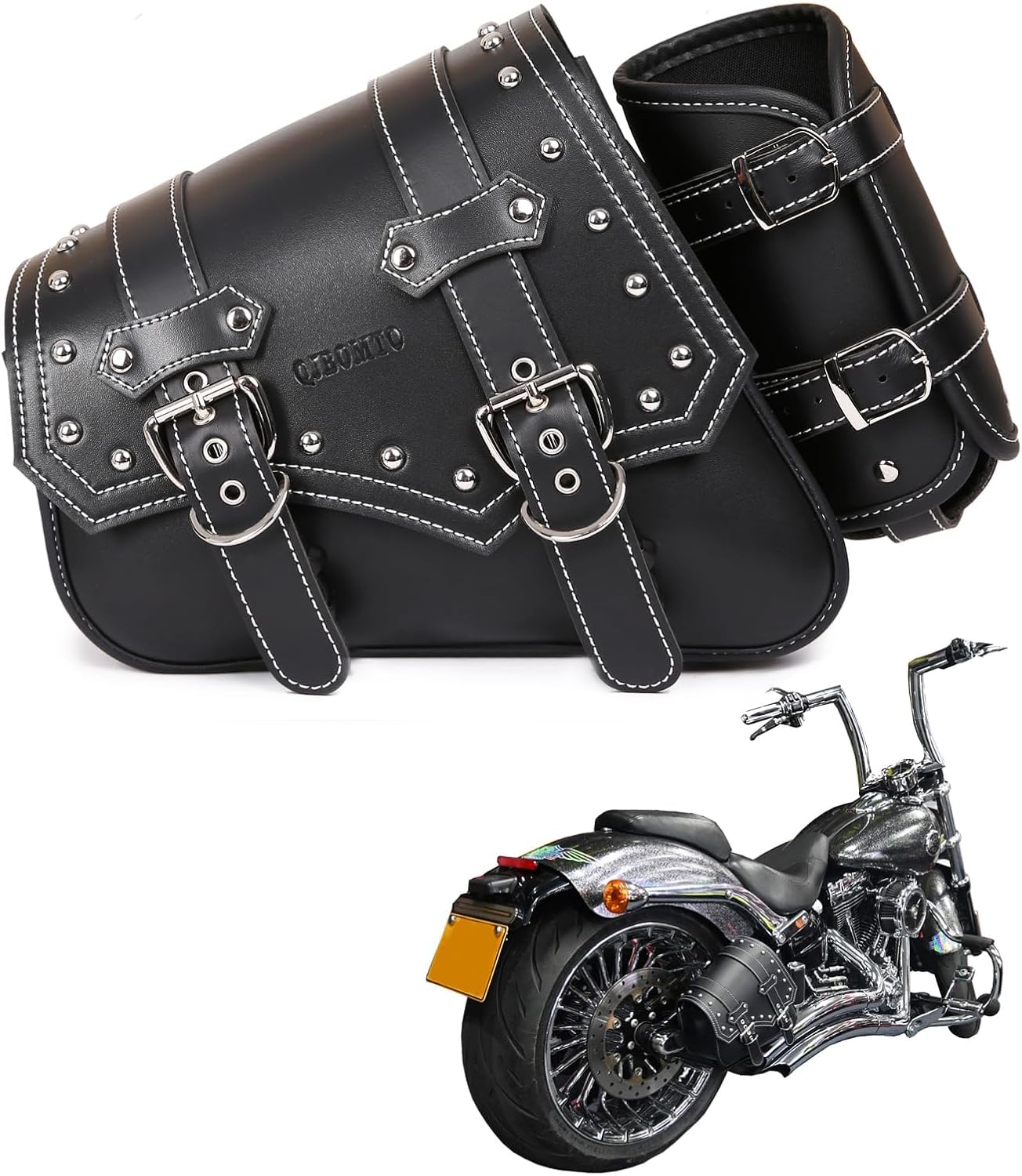 QJBOMTO Motorcycle Saddle Bags Side Bags - Saddlebags Softail PVC Leather for Harley Sportster Waterproof, Side Tool Bag, Universal Storage Tool Bag for Motorbike,with Cup Holder (Left Side)