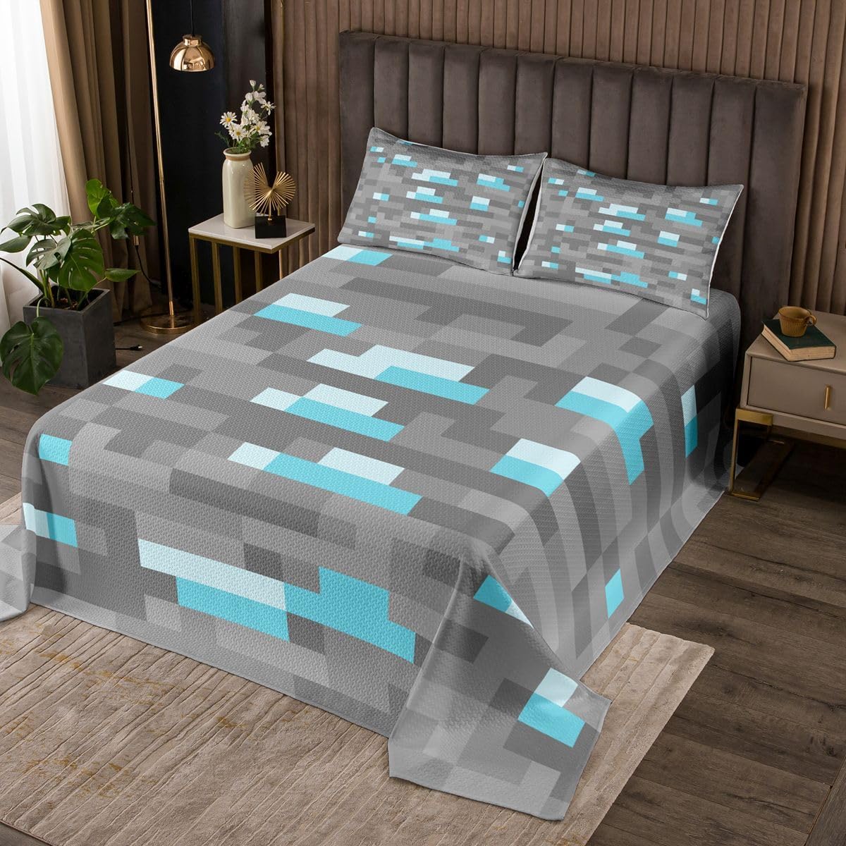 Manfei Pixelated Kids Bedspread Twin Size,Patchwork Grid Video Games Coverlet Set,Girls Boys Room Decor,Lattice Abstract Simple Quilted Coverlet,Dark Gray Bedding Quilt,1 Pillowcase