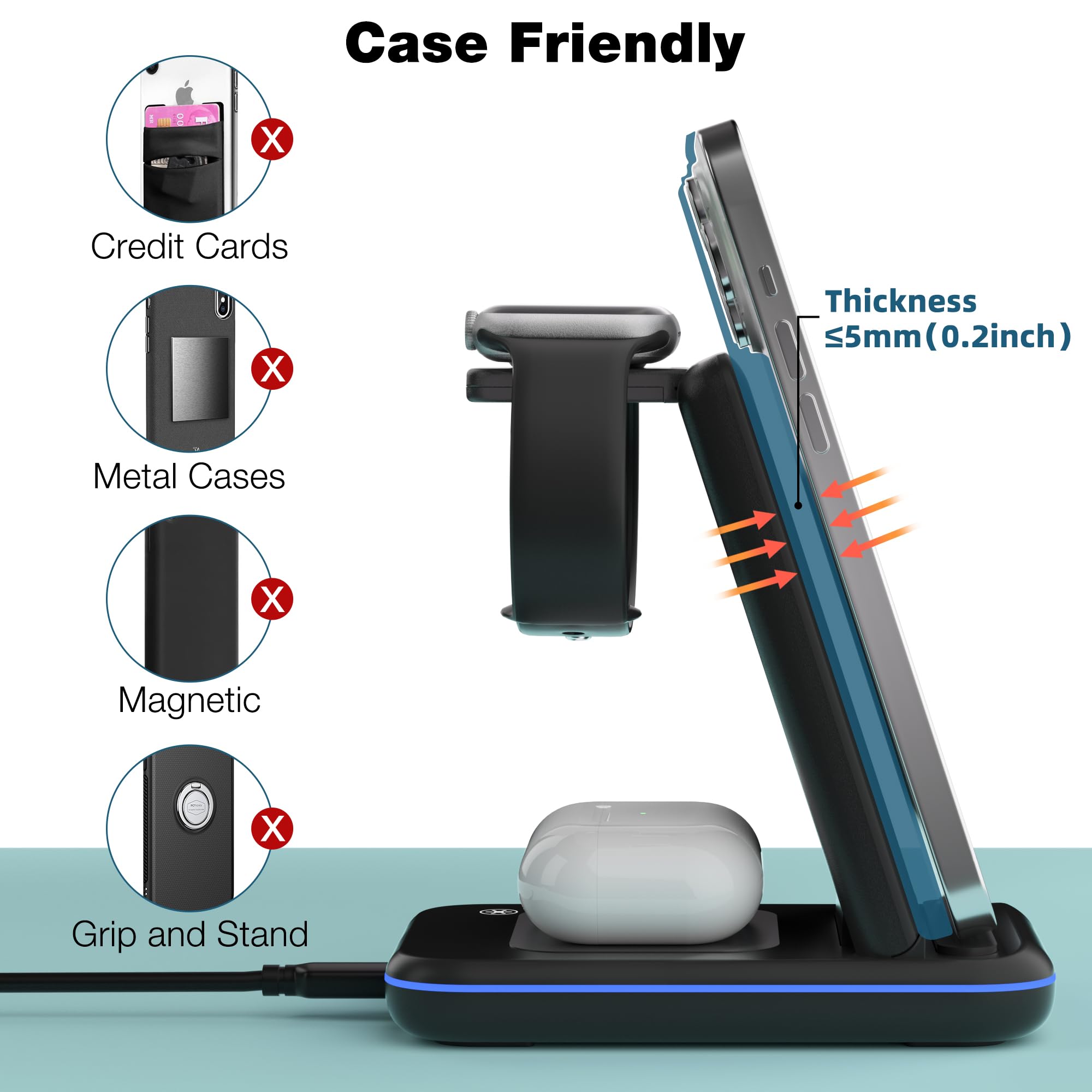 Caricabatterie wireless per iPhone/Samsung, pieghevole 3 in 1 stazione di ricarica veloce/supporto/caricatore multiplo per serie iPhone