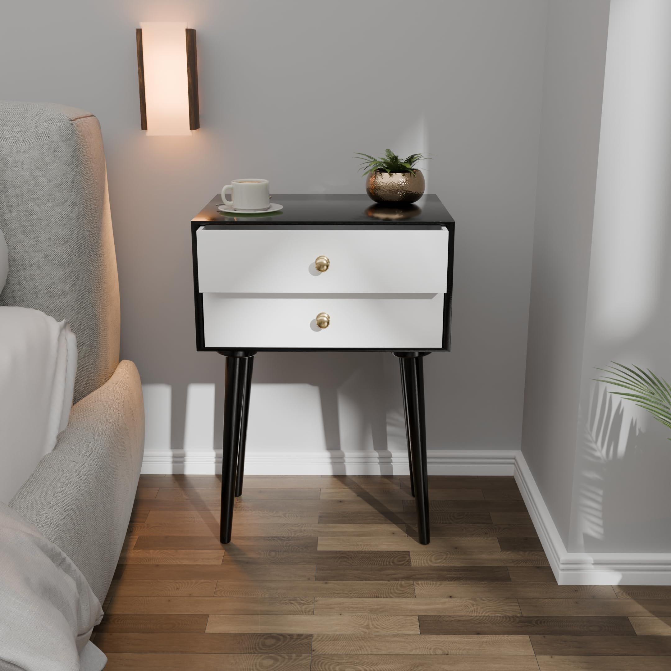 Ereteken ART Modern Bedside Table with Solid Wood Legs 2 Drawer End Table for Bedroom, Small Side Table with 2 Drawers, Night Stand, End Table with wooden legs for Bedroom, Living Room (Black & White)-image-37