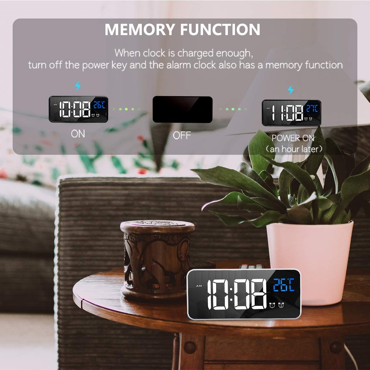 LATEC Reloj Despertador, LED Pantalla Reloj Despertador Digital con Espejo, Doble Alarma, Temperatura, Puerto de Carga USB, 10 Música, 4 Brillo Ajustable, 12/24H(Blanco) — view 5