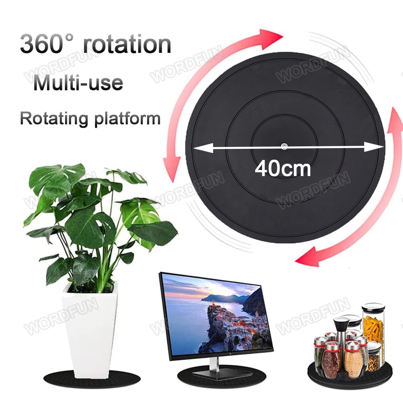 WORDFUN 360° Girevole Stand Giradischi, 40cm Piattaforma Roteante con Cuscinetti Sfera in Acciaio, capacità di Carico di 100 kg, Supporto Girevole per TV/Monitor/Piante Bonsai