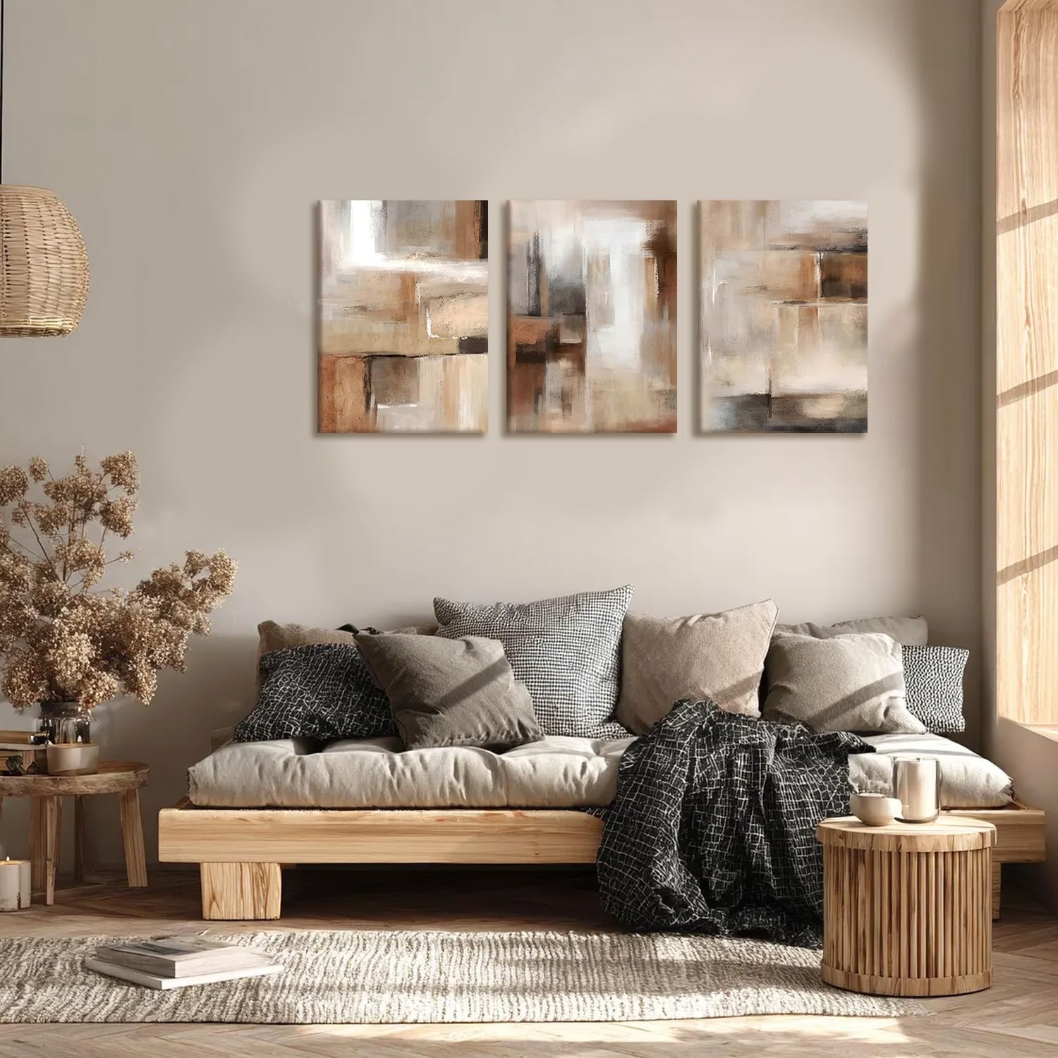 LYYGLYY 3Pcs Framed Brown Canvas Wall Art, Minimalist Printed Wall Decor, Vintage Black and Brown Artwork for Walls, Brown and Beige Abstract Wall Art for Living Room, Office, Bedroom 12x16 Inches