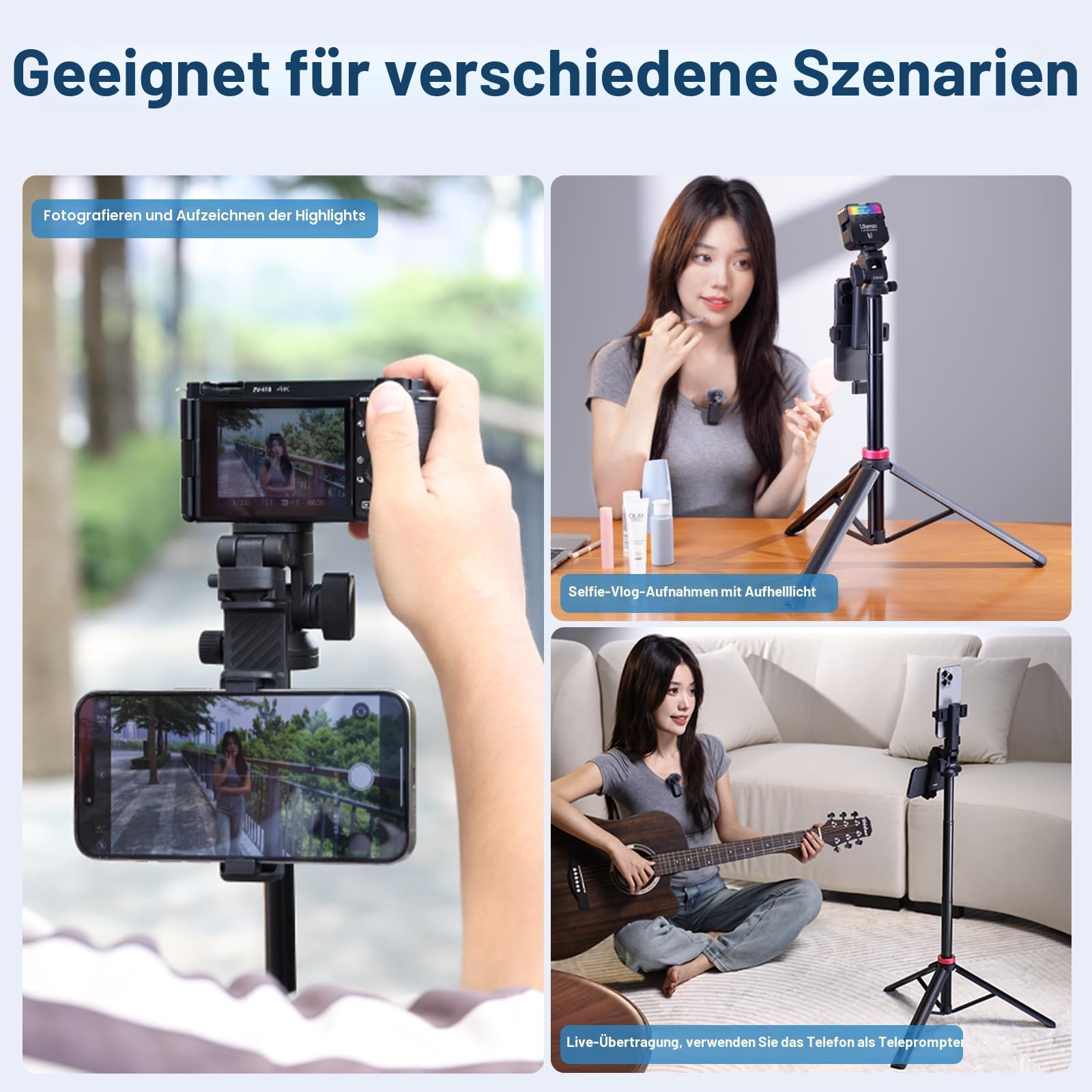 ULANZI MT-78 185cm 3-in-1 Handy Kamera Stativ Ausziehbares Bluetooth Selfie-Stick, Tripod mit 1/4" Schnellwechselplatte, 360°-Kugelkopf, Kompatibel mit Kamera, Sony, Canon, Fuji, iPhone Samsung Huawei