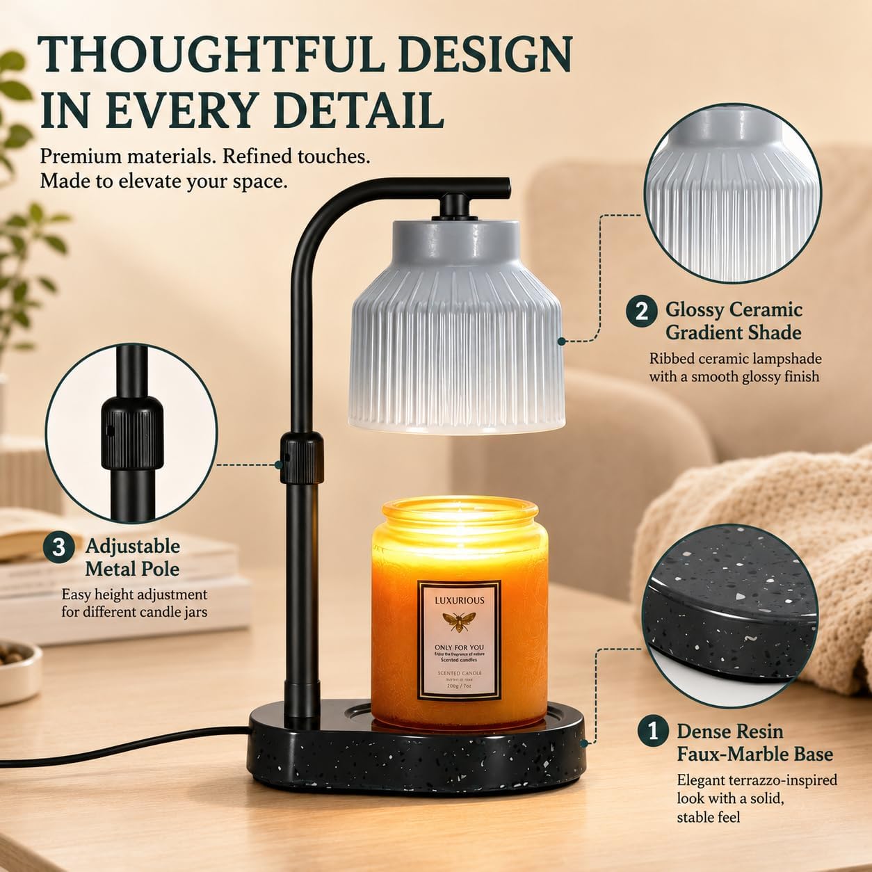 nawaza Ceramic Candle Warmer Lamp Electric Marble Textured Base Adjustable Height Wax Melt Warmer for Jar Scented Candles Birthday Gifts for Women Mom Grandma Home Offices Decor(Grey White)