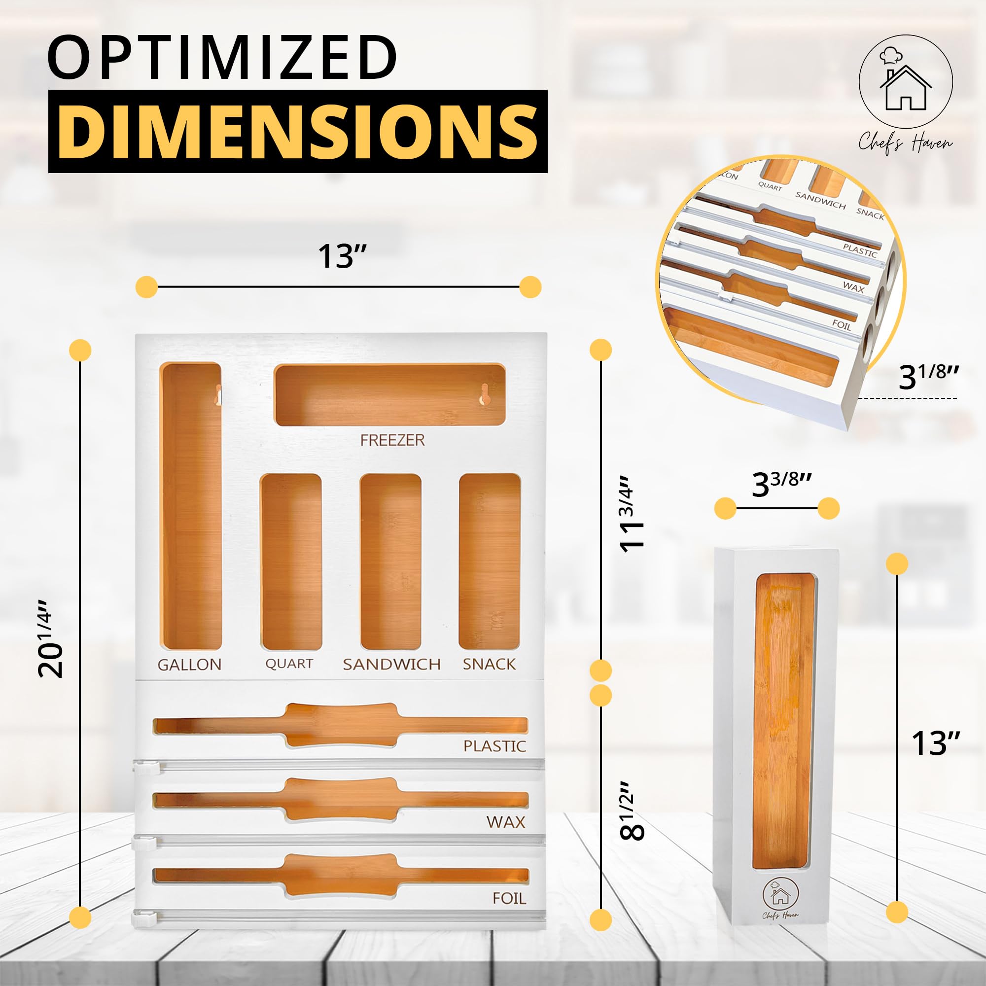 Chef's Haven Ziplock Bag Organizer with Cutter, Foil and Plastic Wrap Dispenser, 9 in 1 Bamboo Kitchen Organizer for Drawer, Pantry, & Countertop, Storage for Gallon, Quart, Sandwich, Snack Bags