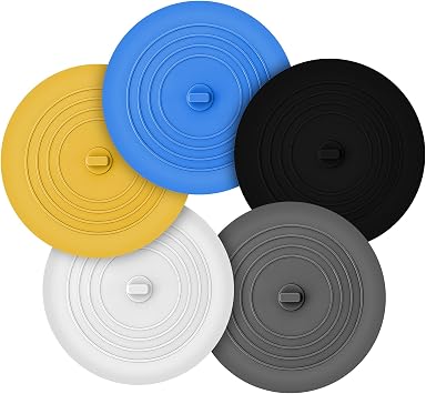 Tub Stopper 5 Pack 6 Inch Silicone Universal Drain Stopper Plug Cover, Flat Suction Bathtub Tub Stopper Bathtub Plug for Bathroom Kitchen Laundry in 5 Colors White, Grey, Black, Yellow, Blue