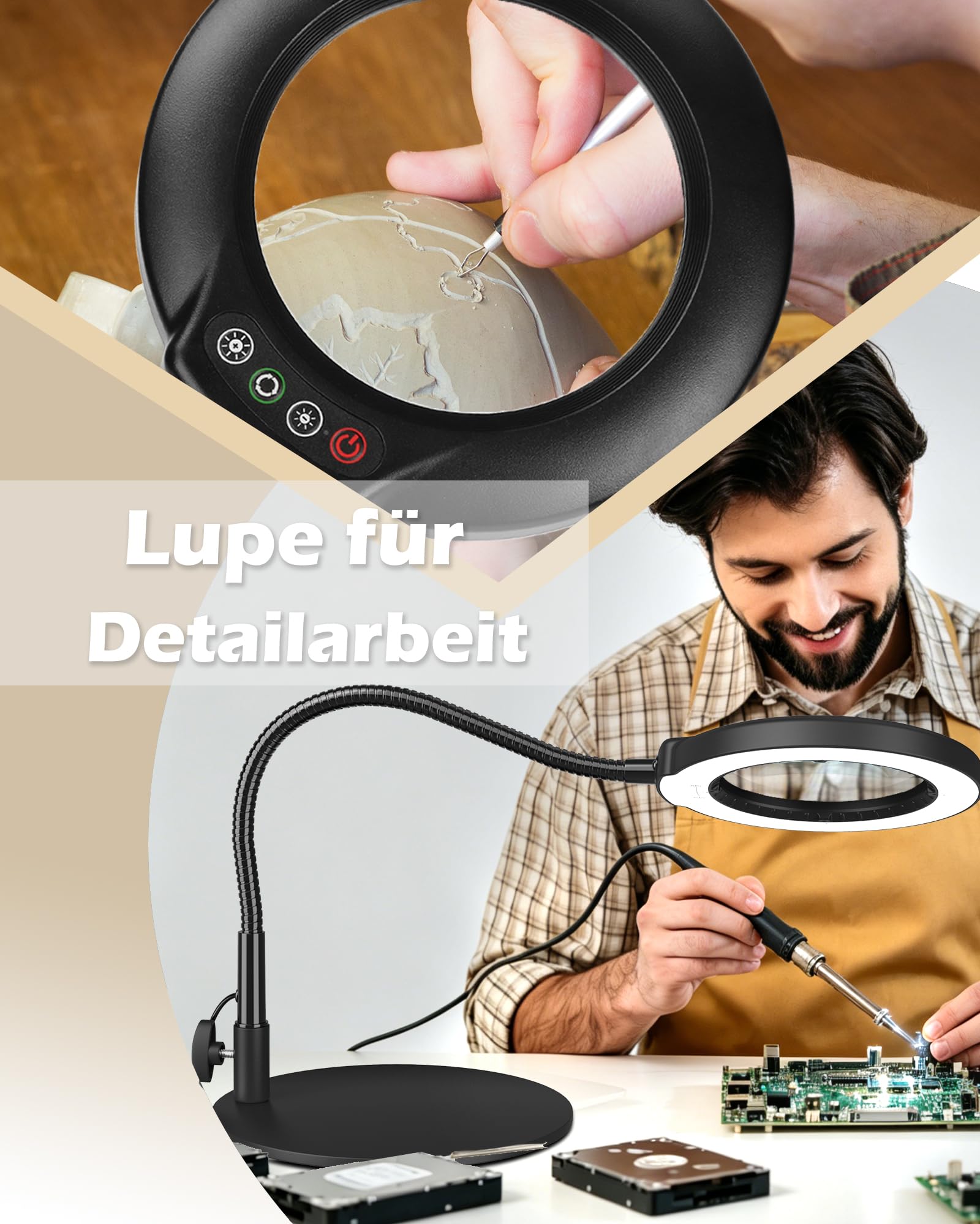 Veemagni 12X Lupe mit Licht und Standfuß, Groß 16,5 Zoll Flexibler Schwanenhals, stufenlos dimmbare LED-Schreibtischlampe mit 5 Farbmodi, freihändige Lupe für Basteln, Hobbys, Nähen, Schwarz
