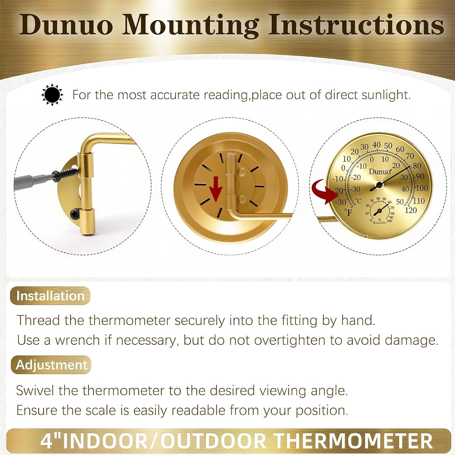 Outdoor Thermometer - Weatherproof & Decorative Outside Temperature Gauge for Window, Greenhouse Accessories and Patio (Easy-Read Brass Swivel Design) (4inch Golden case+ Golden Color)
