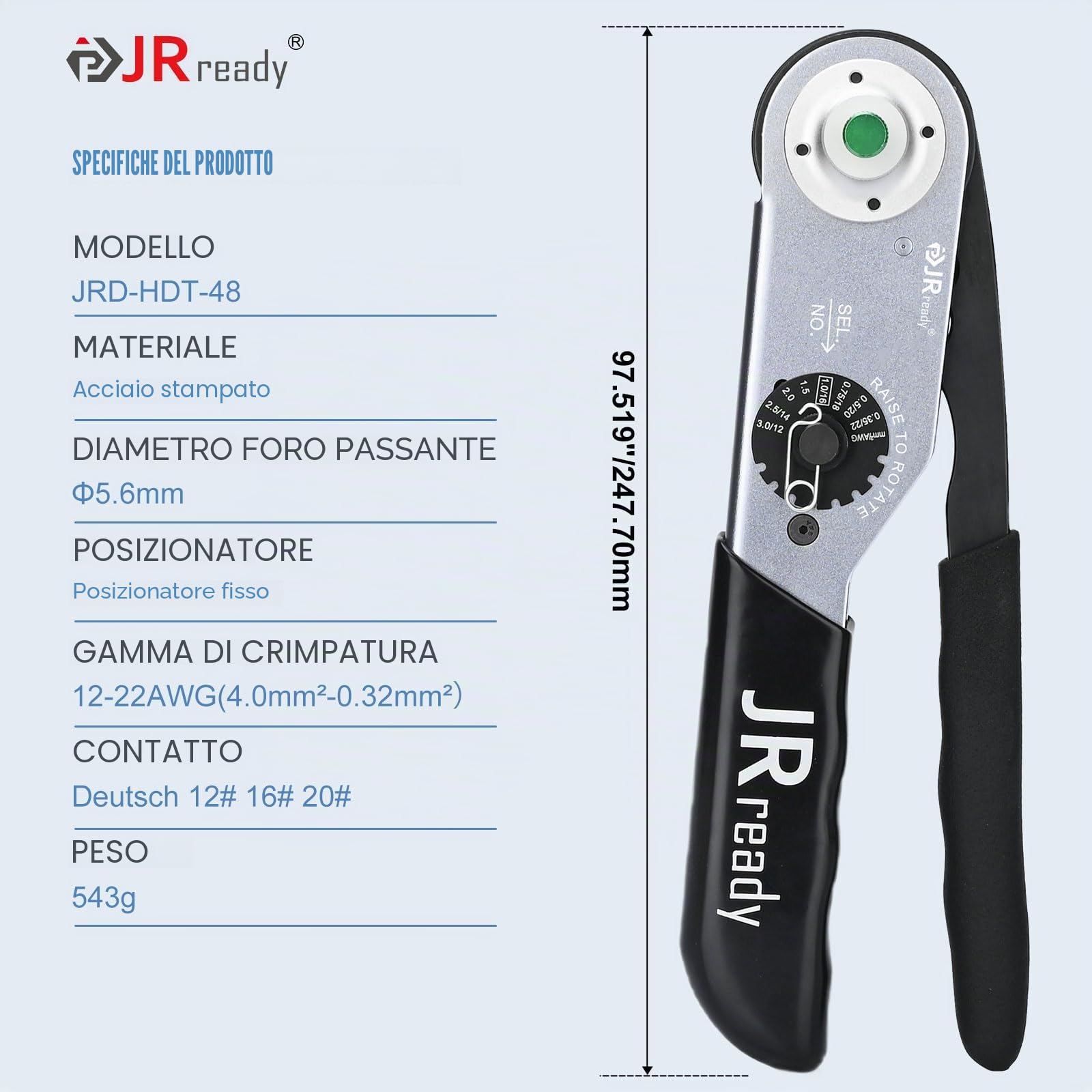 JRready JRD-HDT-48 Pinza a Crimpare Deutsch per Contatti Solidi da 12, 16, 20 Gauge, Localizzatore Pinza a Crimpare Monopezzo Equivalente alla Pinza a Crimpare Deutsch HDT-48-00 (12-22AWG)