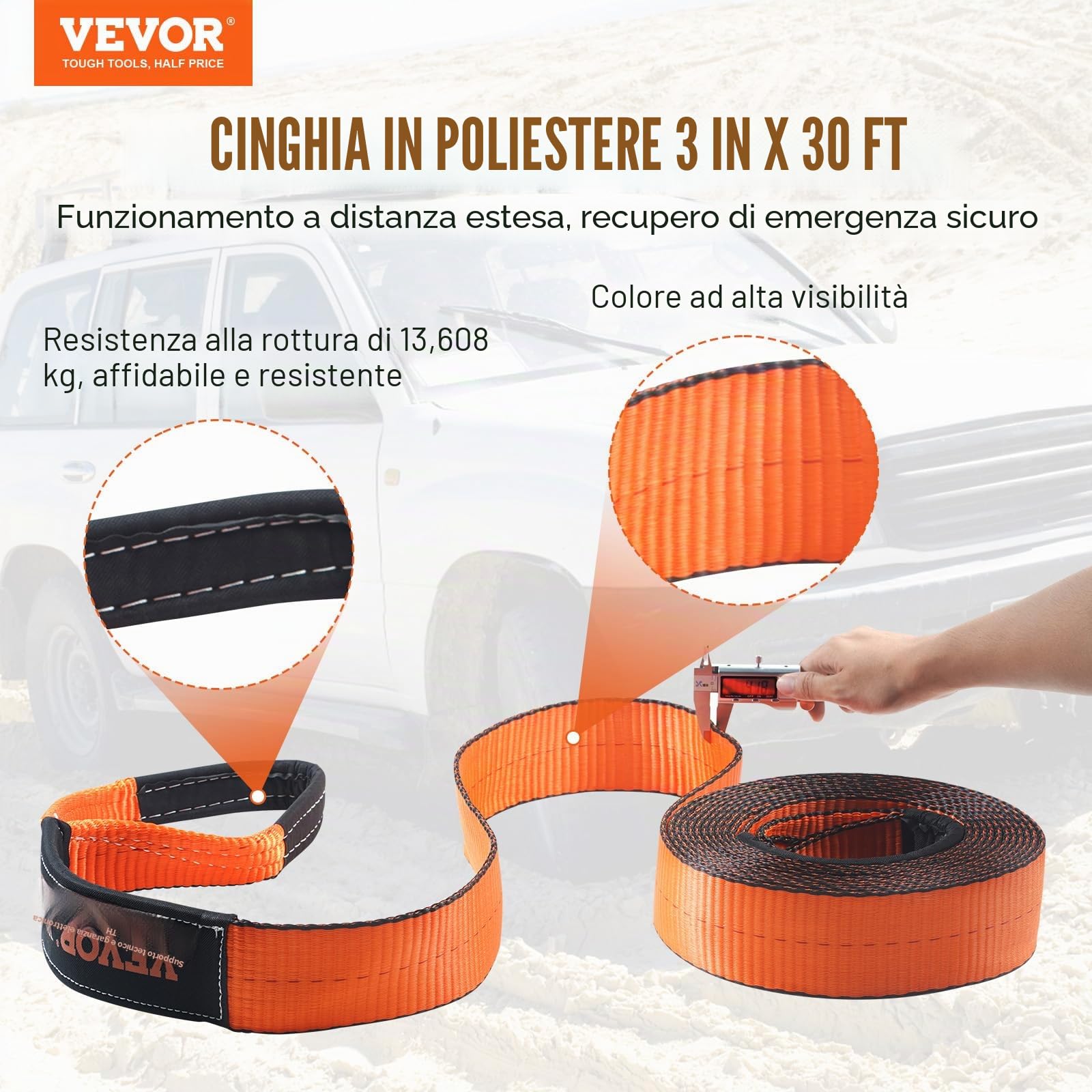 VEVOR Kit di recupero fuoristrada, 3" x 30', cinghie di traino 30.000 libbre, 44.092 libbre, ricevitore grillo, puleggia con blocco di strappo, guanti, borsa di stoccaggio per camion Jeep ATV