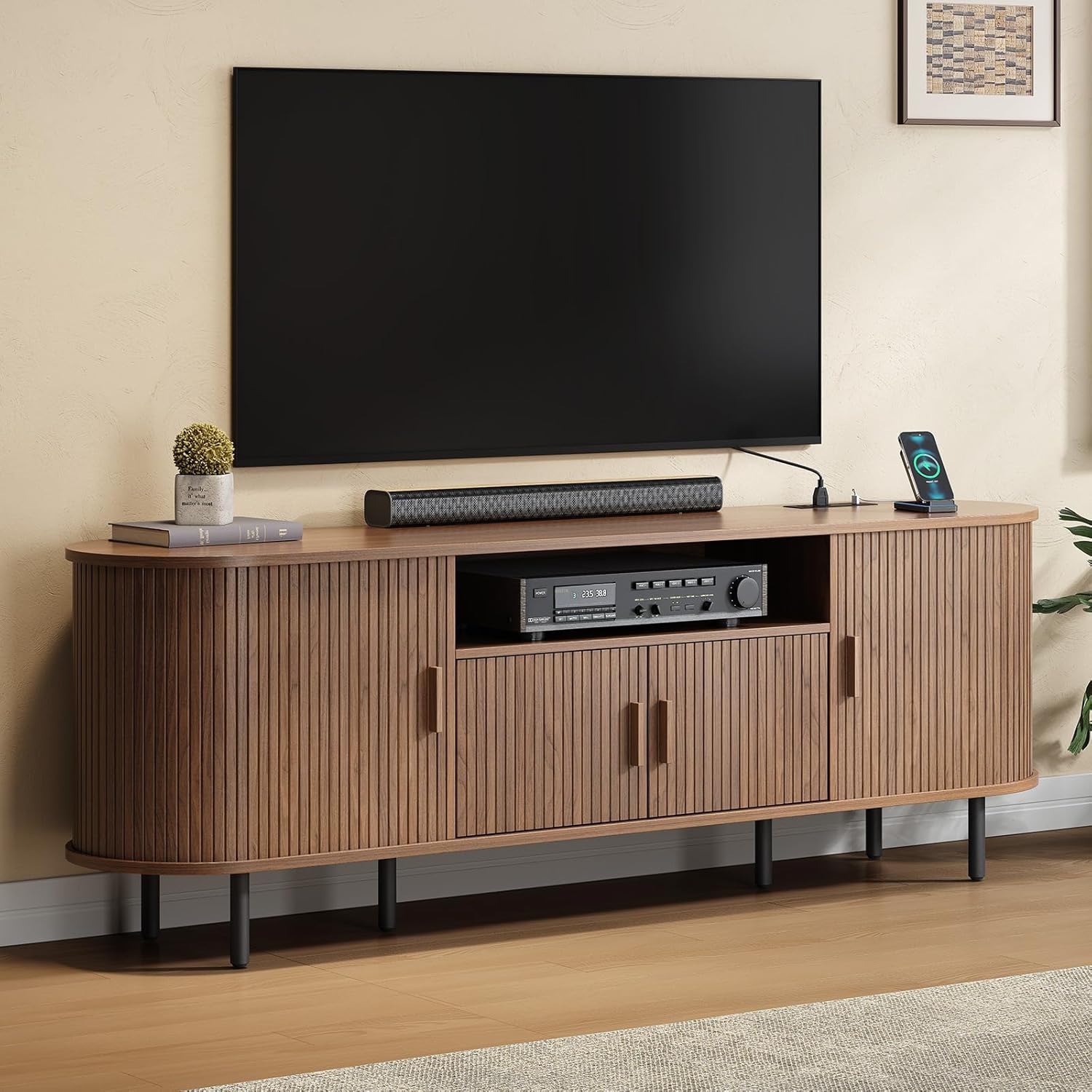 ONBRILL 69" Fluted TV Stand with Power Outlet for TVs up to 80 Inch, Entertainment Center with Storage, Sliding Doors, Adjustable Shelves, Mid Century Modern TV Stand for Living Room, Bedroom, Walnut