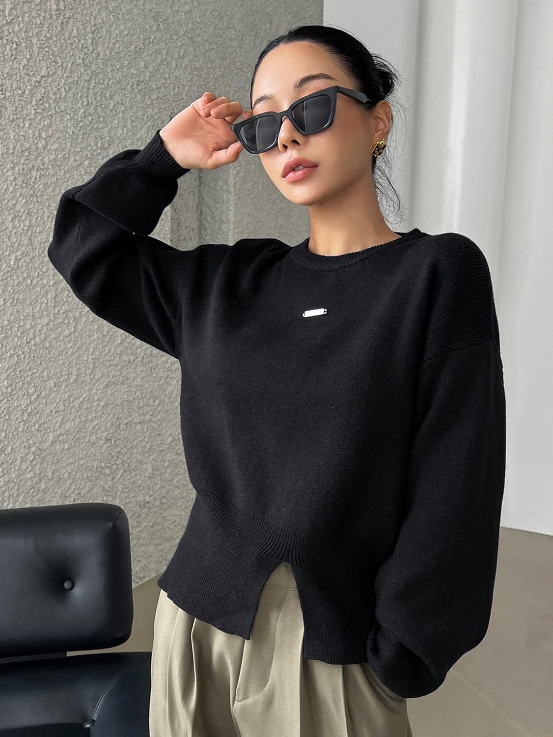 Women's Sweater Solid Split Hem Drop Shoulder Sweater Sweater for Women (Color : Black, Size : X-Large)
