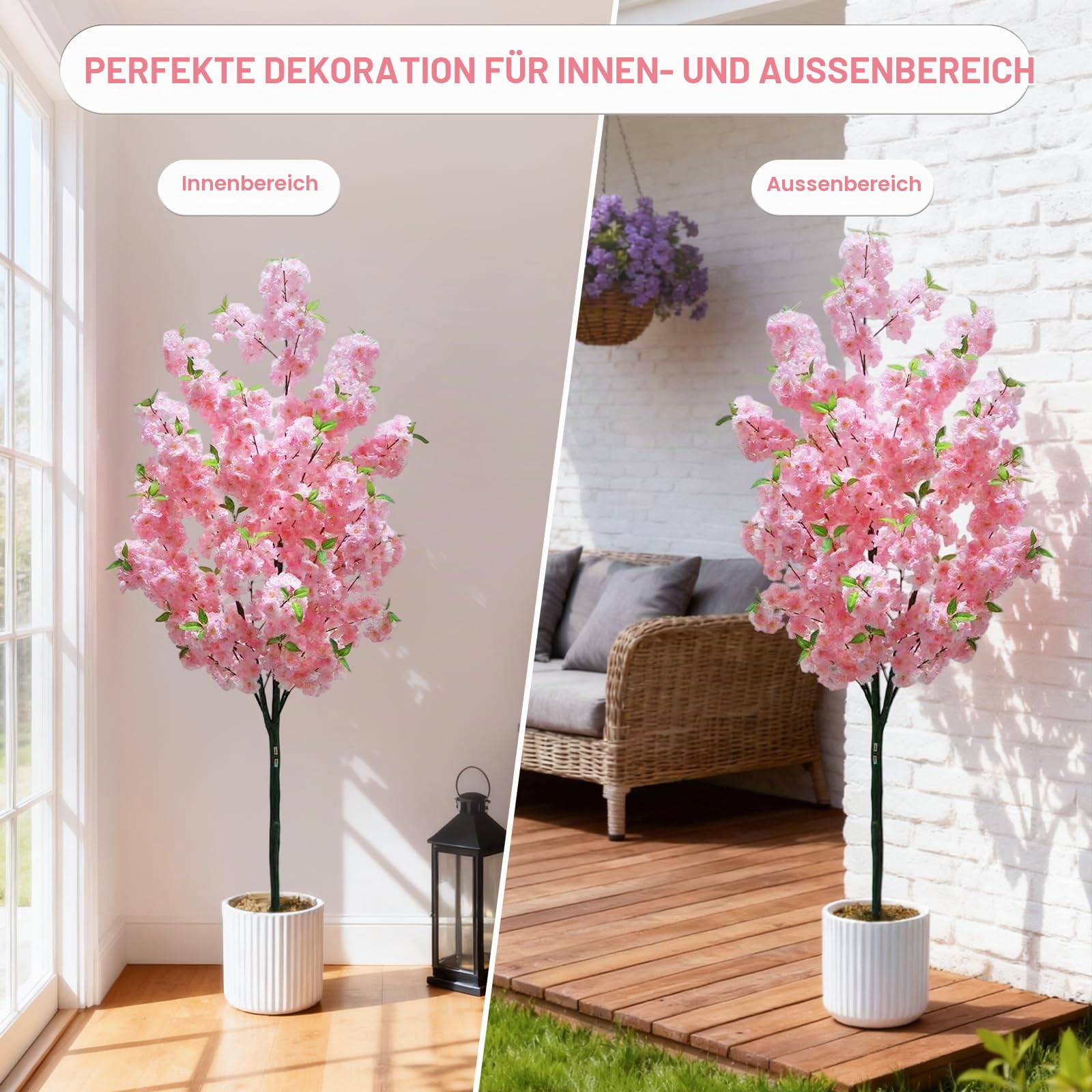 180cm Künstlicher Kirschblütenbaum mit Rosa Blüten im Weißtopf, Kunstbaum aus PVC & Textilfaser für Innen & Außen - Deko für Zuhause, Büro, Hochzeit, Party | Sakura Baum ohne Pflege