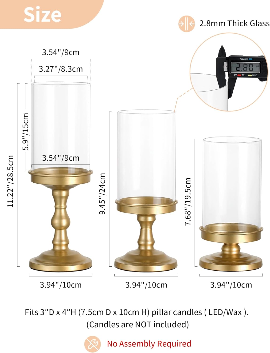 NUPTIO Hurricane Glass Candle Holders: Pillar Candle Stand with Open Ended Chimney - Set of 3 Gold Metal Candleholder for Fireplace Dining Table Centerpiece