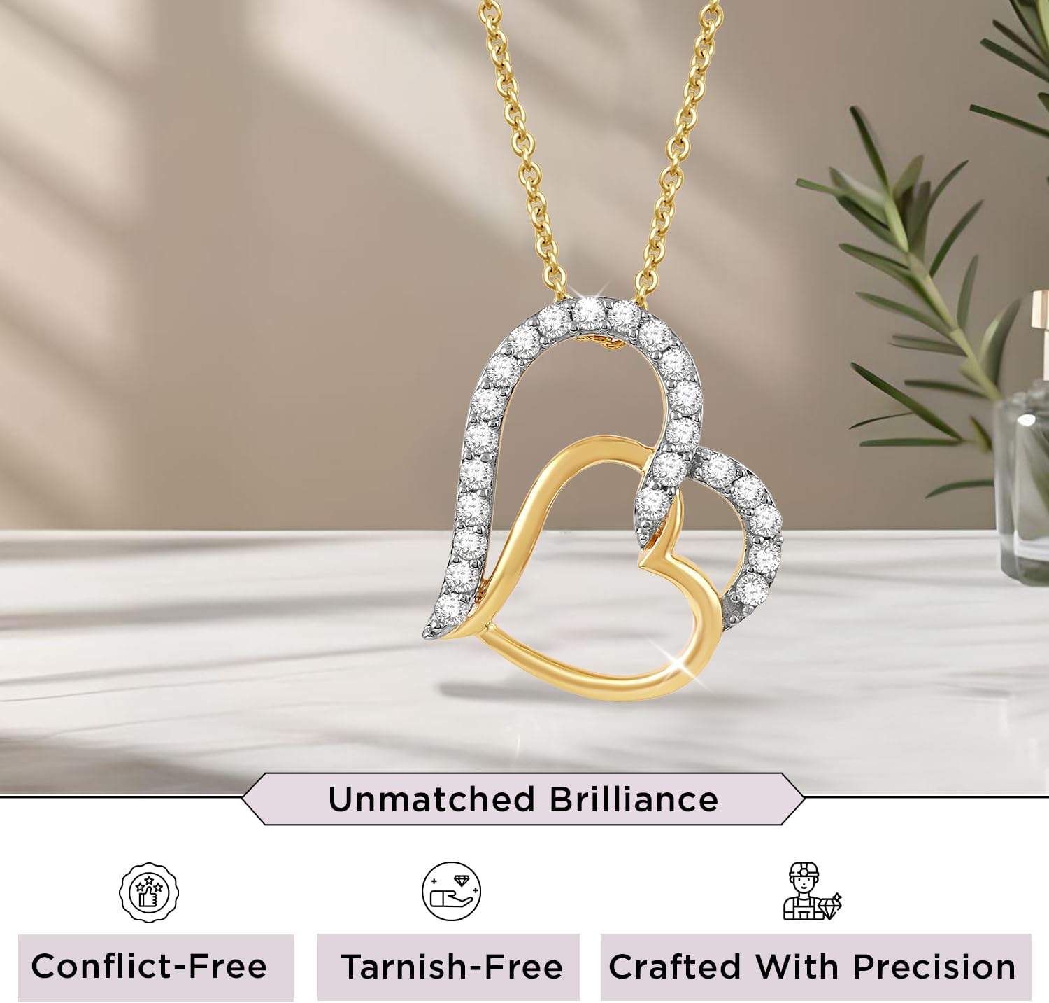 Jewelili Tilted Double Heart Pendant Necklace in Yellow Gold Plated Sterling Silver with 1/5 Cttw Lab Grown Diamond 18" Cable Chain