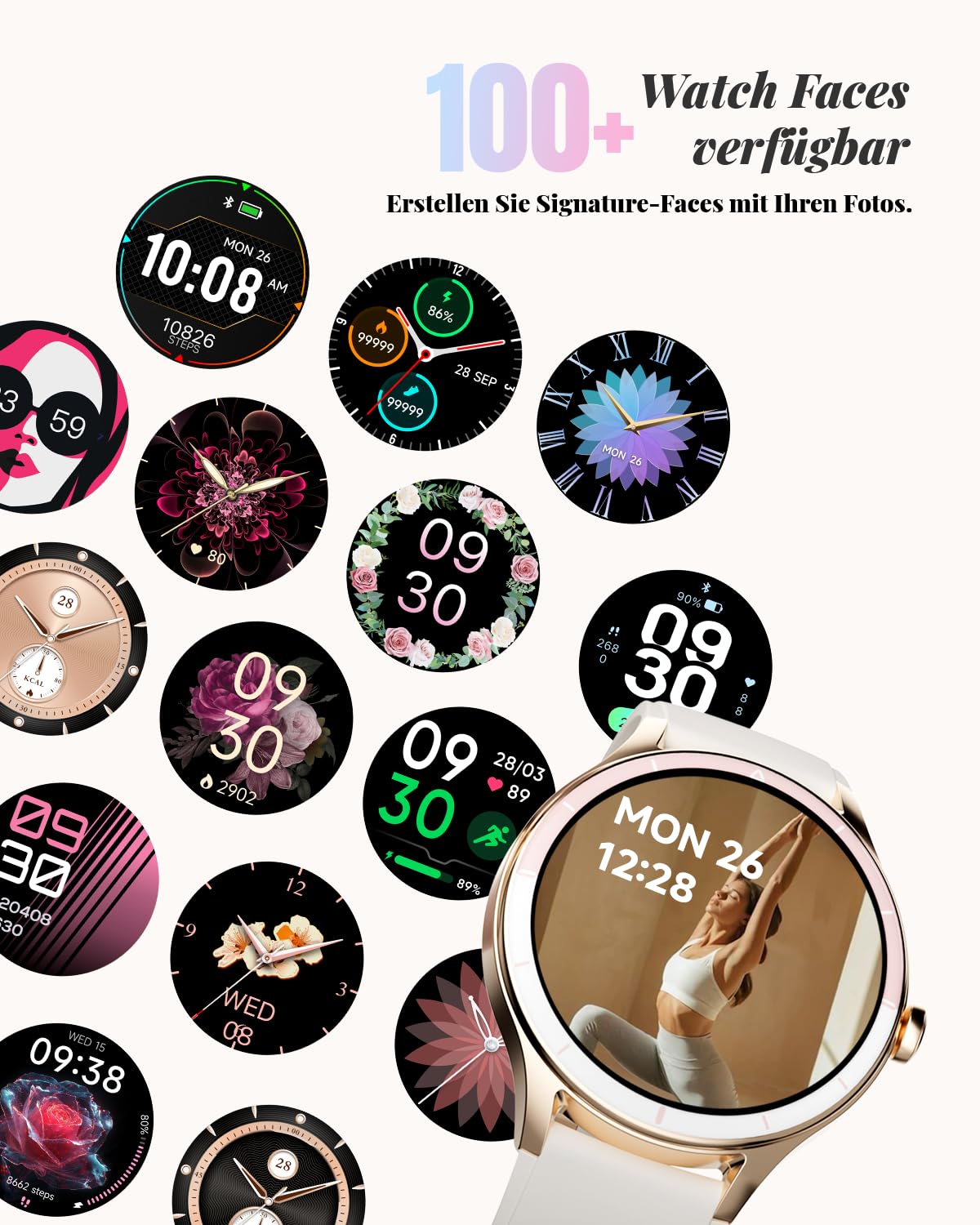 TOOBUR Smartwatch Damen, 40mm Rund Schrittzähler Uhr, 100+ Sportmodi, Beige | Fitness Uhr für Alltag, Smart Watch Android & iOS Kompatibel, Telefonfunktion mit AnrAufe, IP68 Wasserdicht