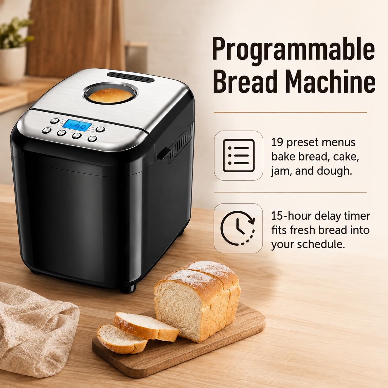 Macchina per il pane programmabile, 19 menu, ritardo di 15 ore e memoria
