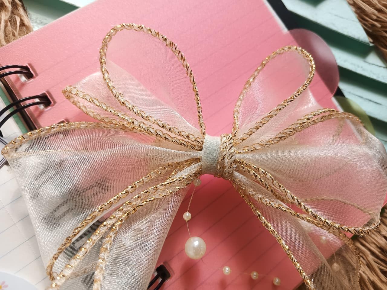 Elegant Golden Sheer Hair Bow Clip with Pearls β Handmade Decorative Hair Accessory for Women & Girls | Wedding, Party, Festive & Casual Wear 2