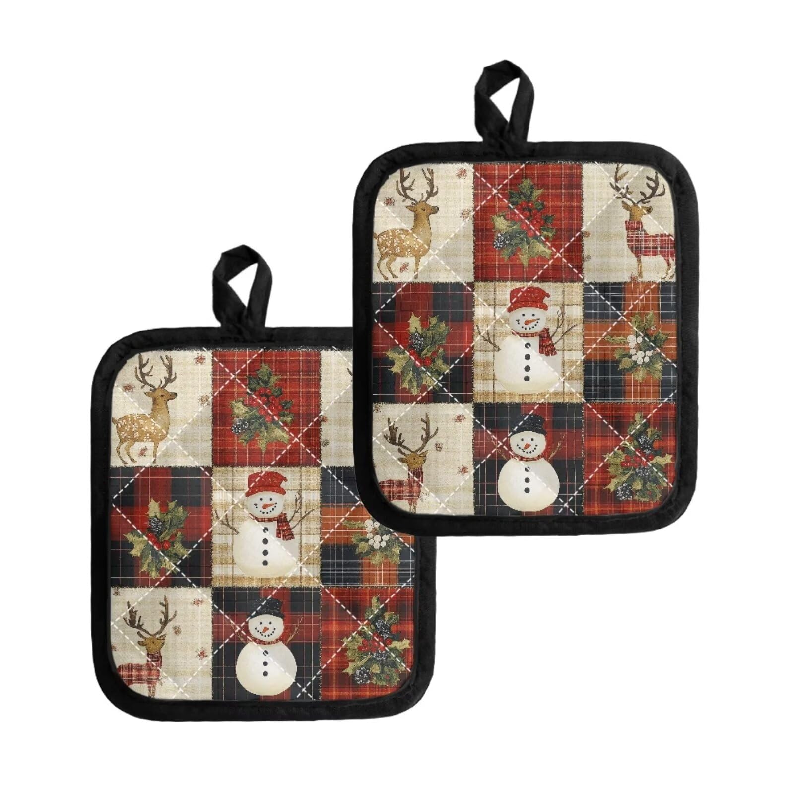 Jndtueit 2Pcs Christmas Cute Snowman Deer Red Black White Buffalo Plaid Pot Holders Heat Resistant Potholders Hot Kitchen Pot Holders Quilted Liner