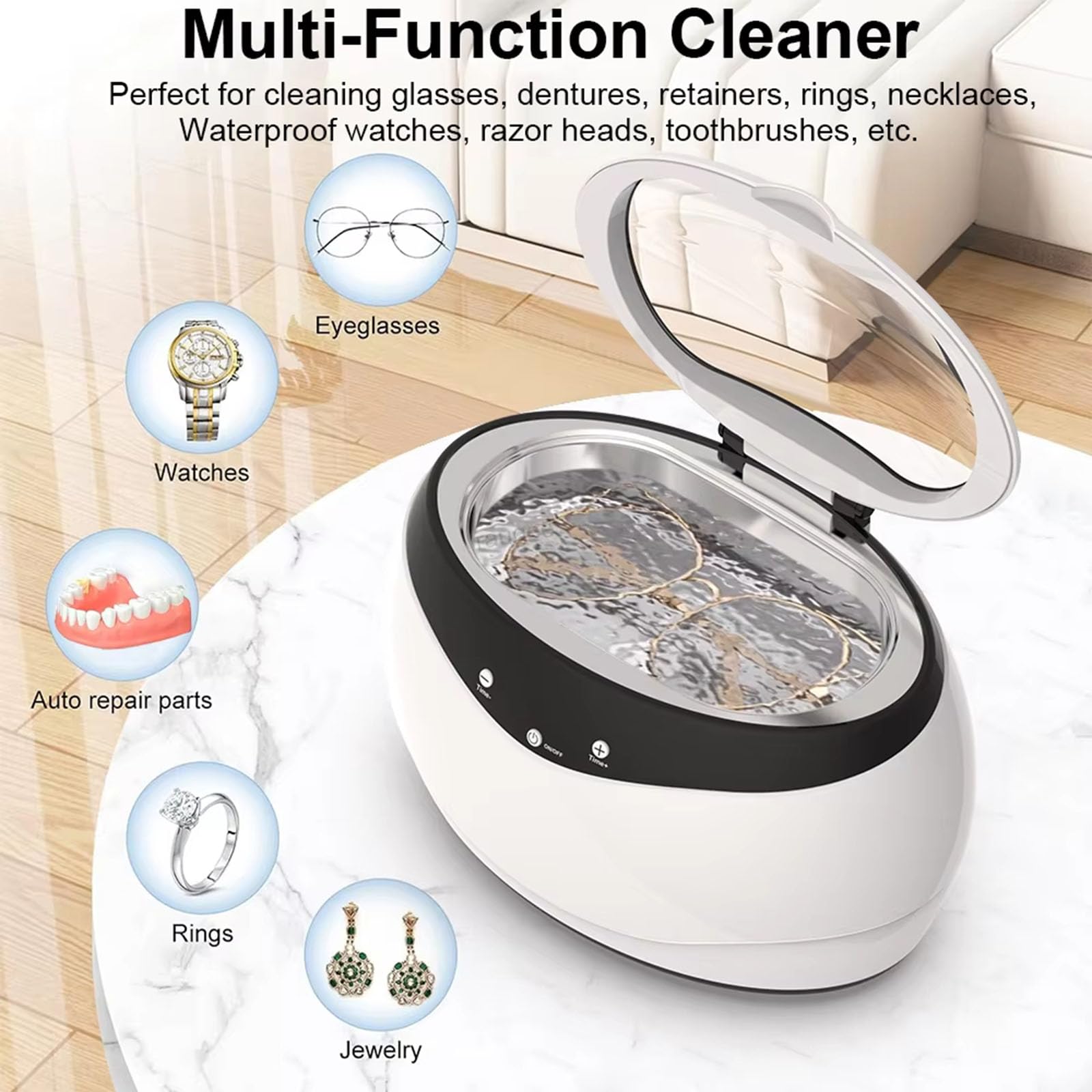 Máquina limpiadora de retenedores ultrasónica, limpiador ultrasónico de 650 ml/42 kHz para retenedores dentales, reloj, anillo, limpiador ultrasónico portátil de joyas con 5 ajustes de tiempo