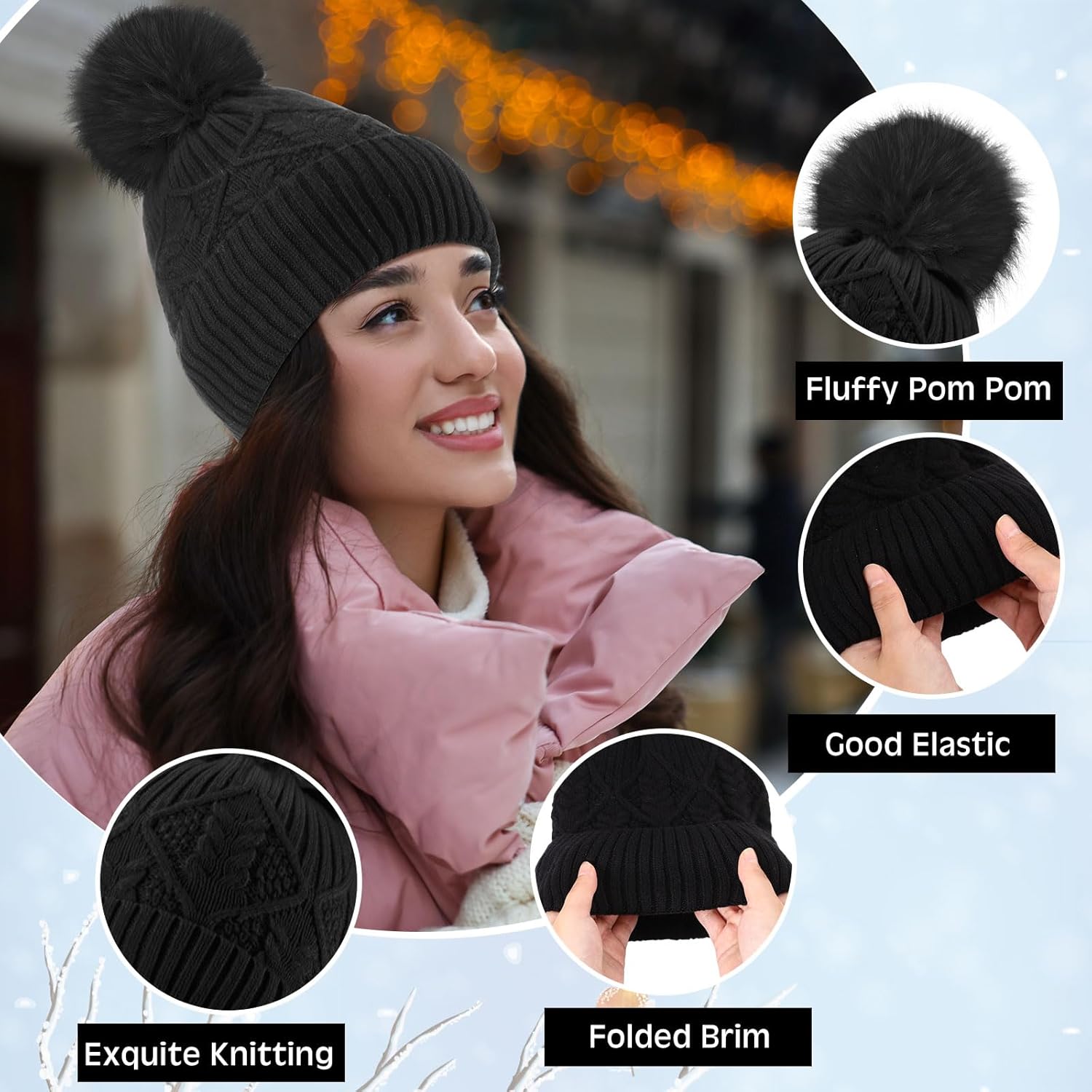 SATINIOR 5 Pcs Winter Hat Scarf Gloves Set Fleece Lined Knit Beanie Hat Warm Touch Screen Gloves Earmuff Warmer for Women(Black,Chic Style)