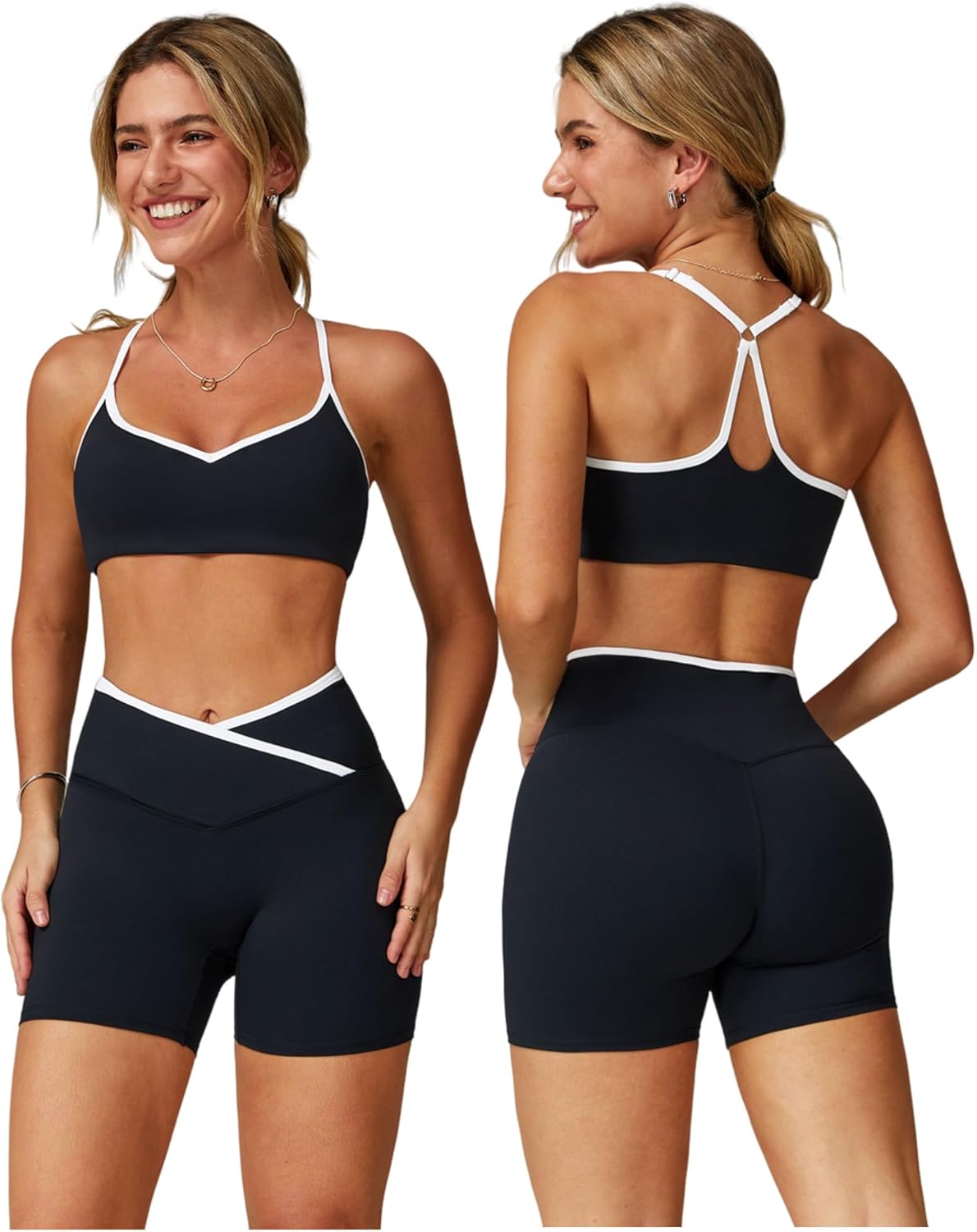 Women 2 Piece Workout Set Cami Straps Padded Colorblock X Back Sports Bra V High Waist Tummy Control Shorts Gym Outfit