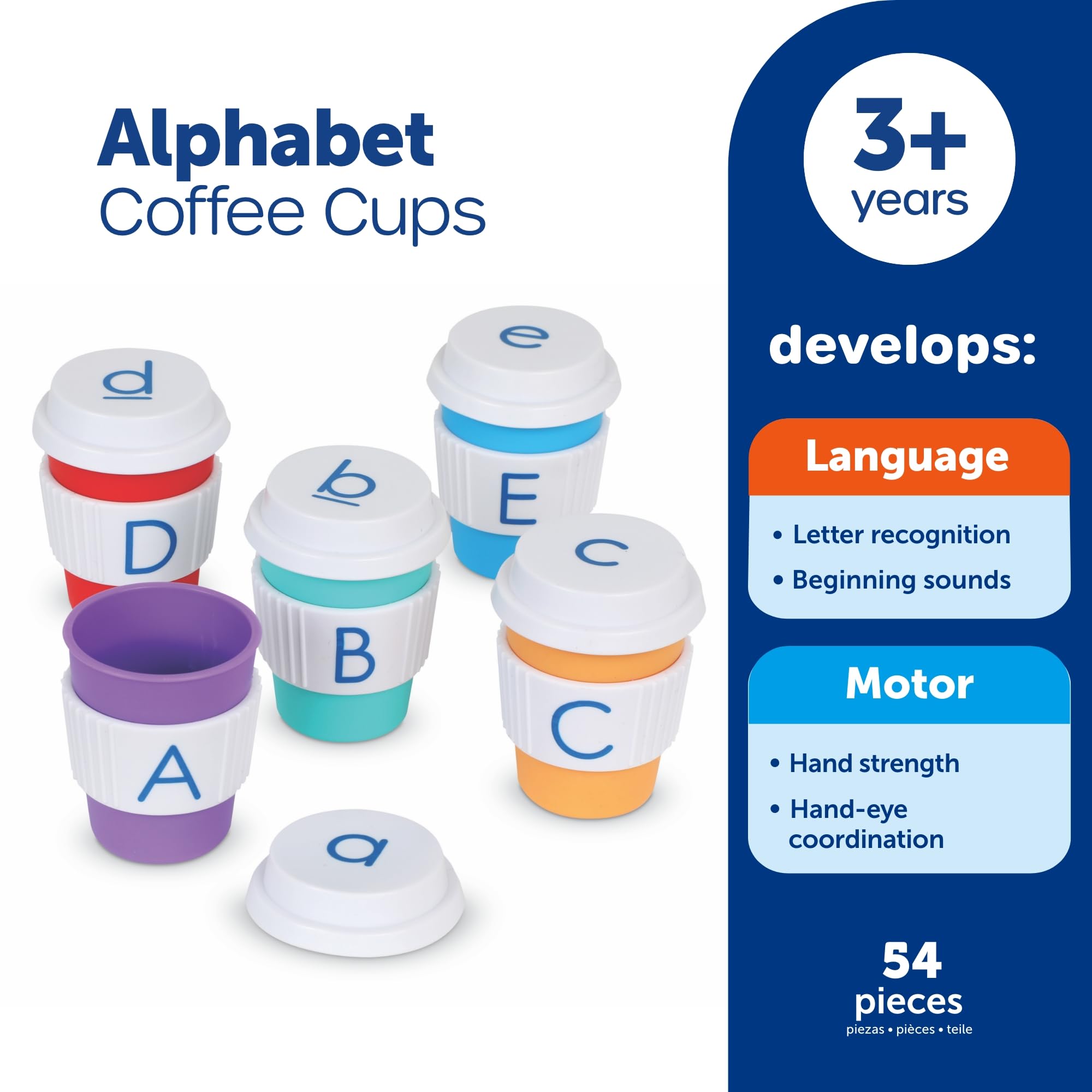 Learning Resources Alphabet Coffee Cups kubki z alfabetem zabawka do rozpoznawania liter i dopasowywania dla dzieci od 3 do 8 lat